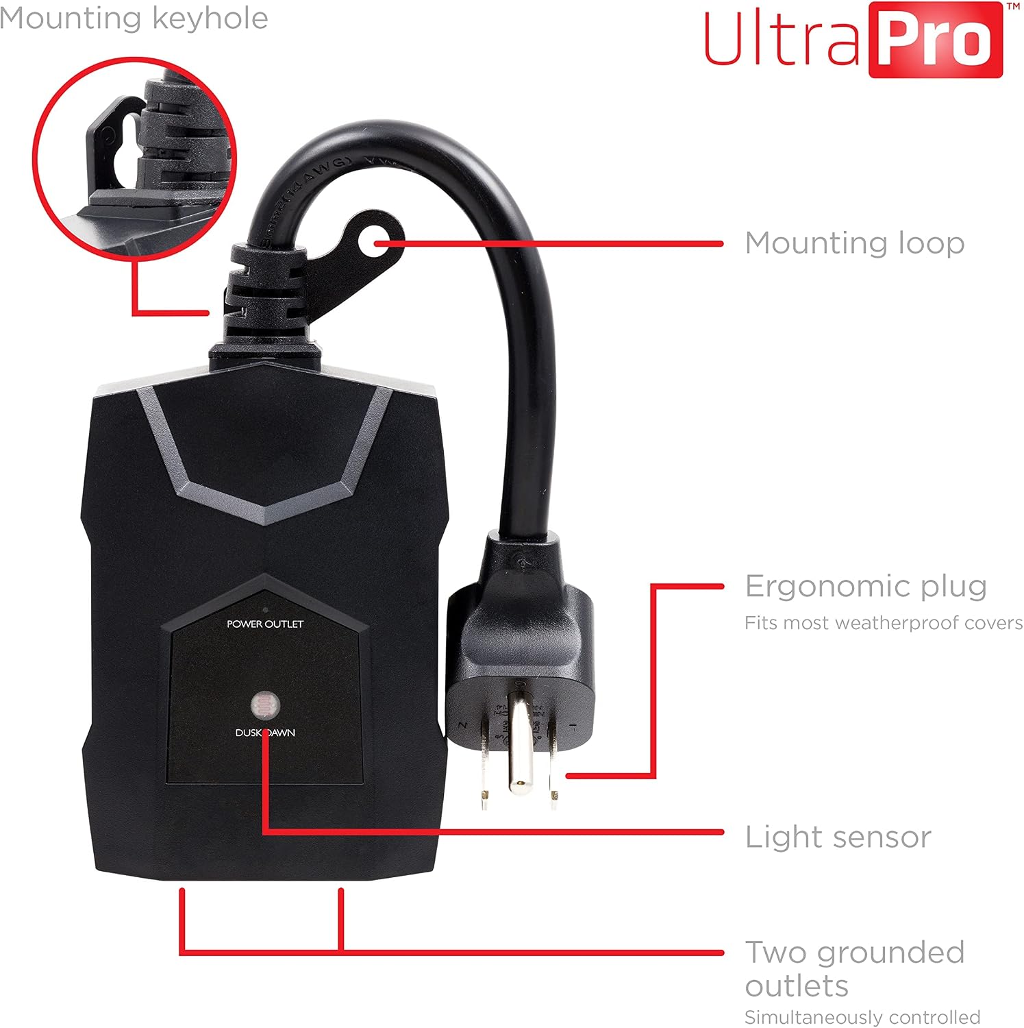 UltraPro Outdoor Light Timer, Dusk-to-Dawn, 2-Outlet Grounded, Simple Set, Ideal for Seasonal décor, Outdoor Lighting, Weather-Resistant, Works with LED, CFL, Incandescent, & Halogen Bulbs, 70303