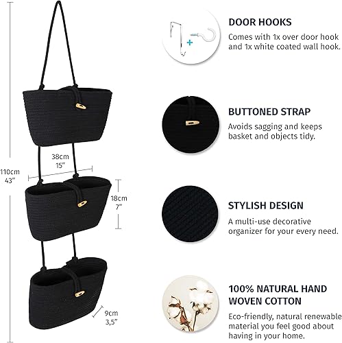 Miniatura 10 de OrganiHaus Cestas colgantes tejidas para organizar, cesta de pared colgante de 3 niveles para almacenamiento, organizador de armario bohemio para