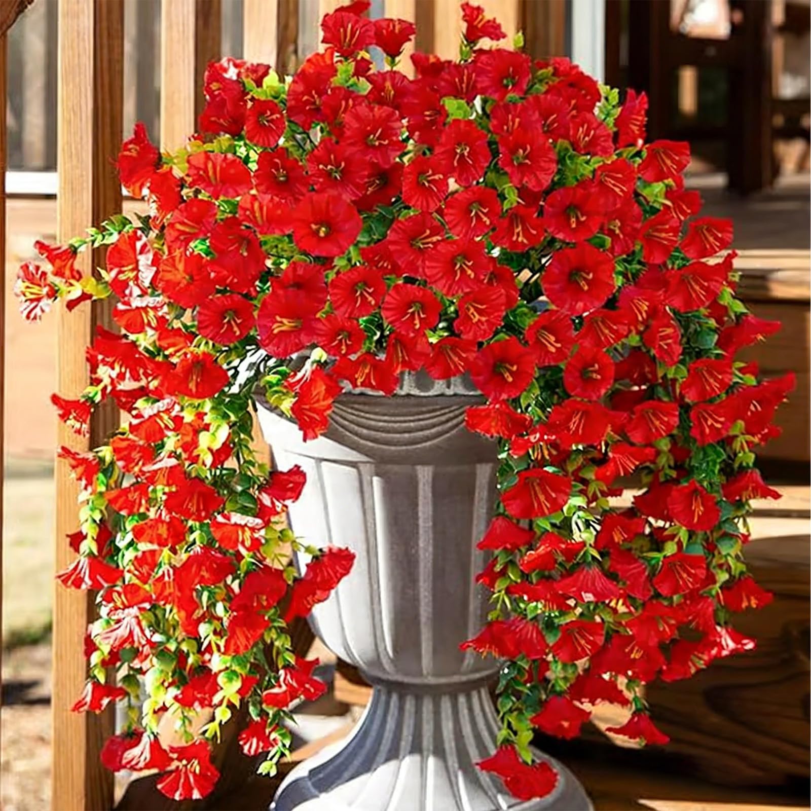 2026 Artificial Hanging Flowers Outdoor, 29.5in Realistic Artificial Flowers Plants, Fake Trailing Plants Morning Glory Decoration,No Fade UV Resistant Realistic,for Porch Patio Window (Red,3PCS)