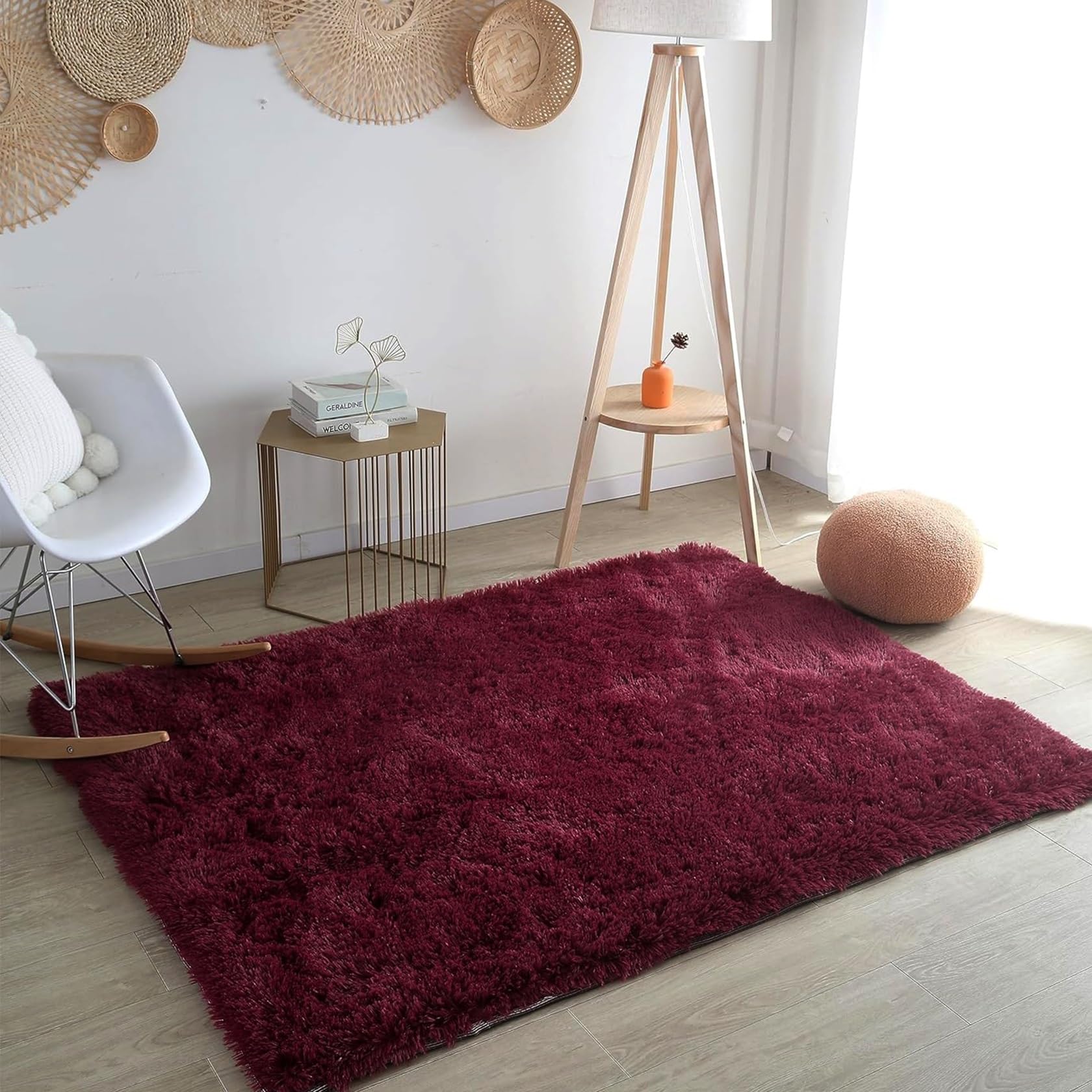 Antidérapant 180x240cm Tapis de Salon Tapis À Poils Longs Tapis Shaggy Peau de Mouton Synthétique pour Le Salon de Chaise Canapé Couloir, Vin Rouge