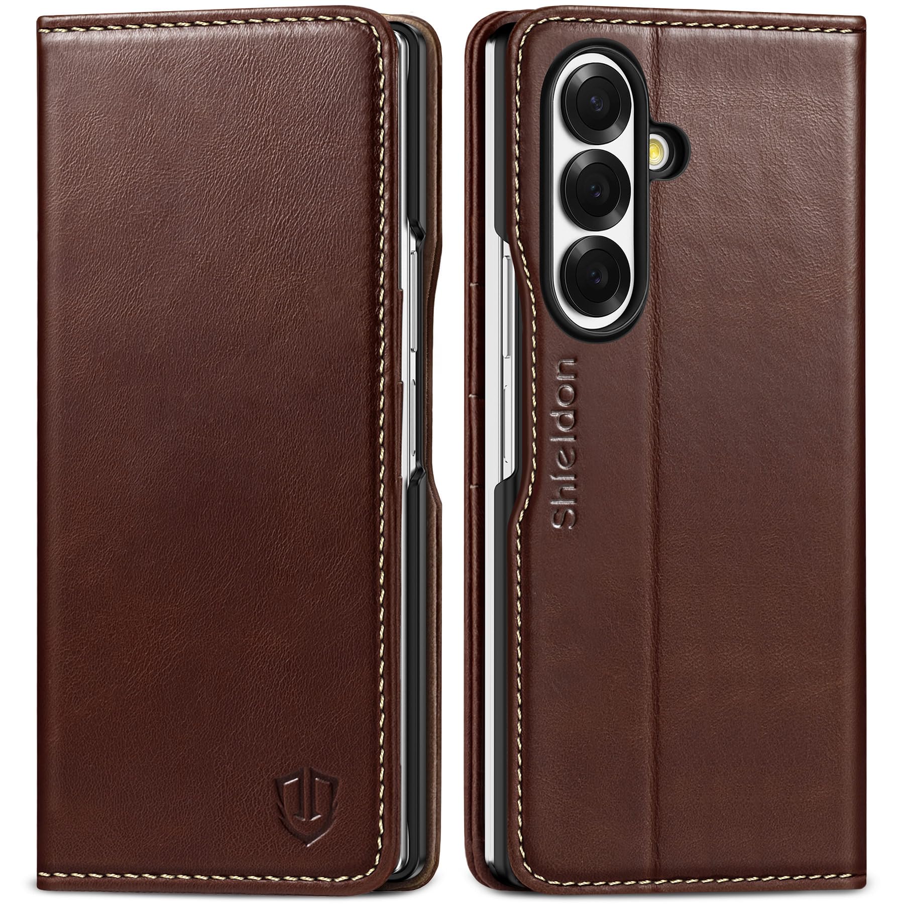 SHIELDON Custodia in Vera Pelle per Galaxy Z Fold7 8.0" 5G 2025, Custodia a Portafoglio [Cavalletto] [Blocco RFID] [Slot Schede] [Antiurto] Cover Flip Magnetica, Caffè Retrò | Custodia magnetica a libro, blocco RFID, porta carte di credito, cavalletto, de