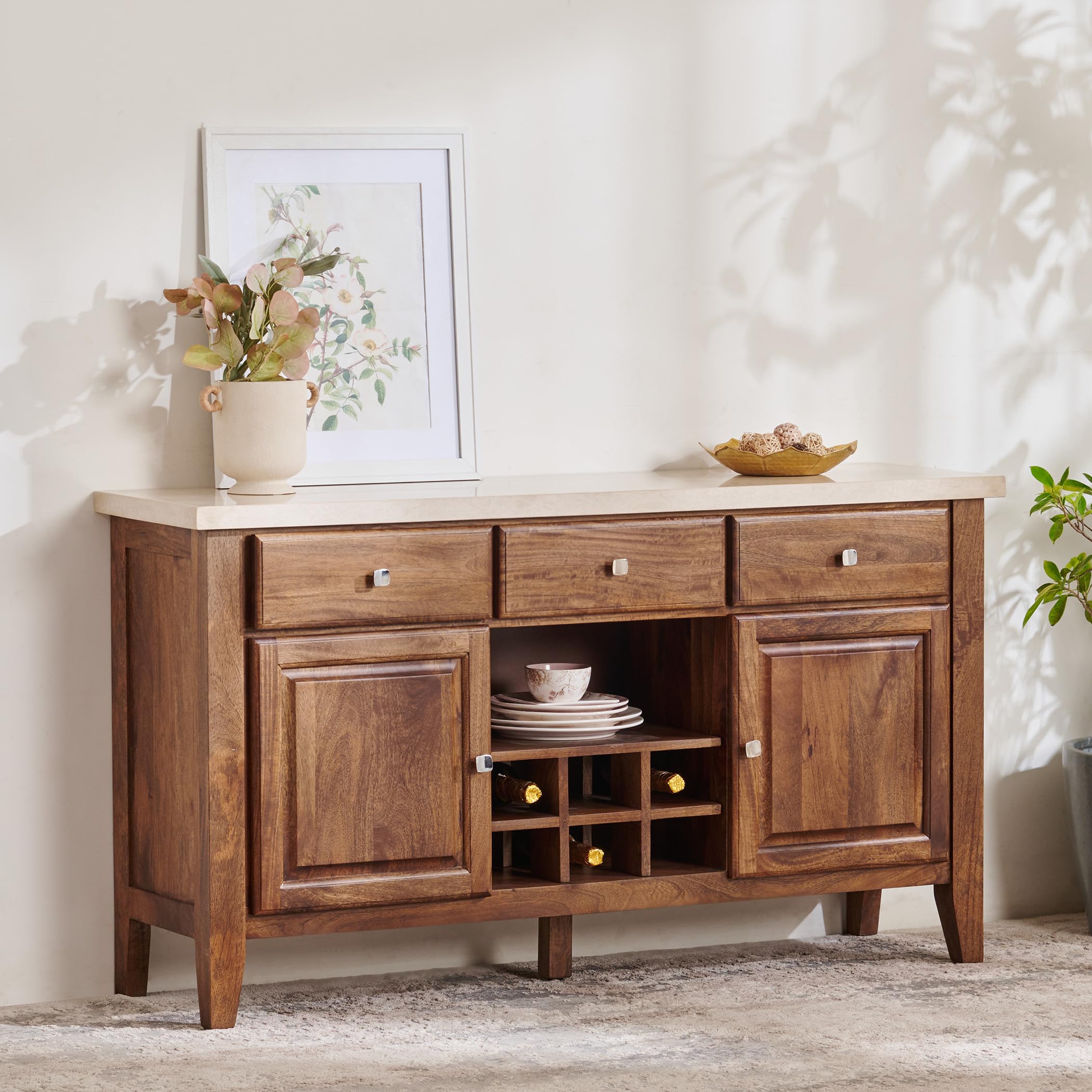 Home Centre Giza Faux Marble Top Sideboard - Beige and Brown-image-5