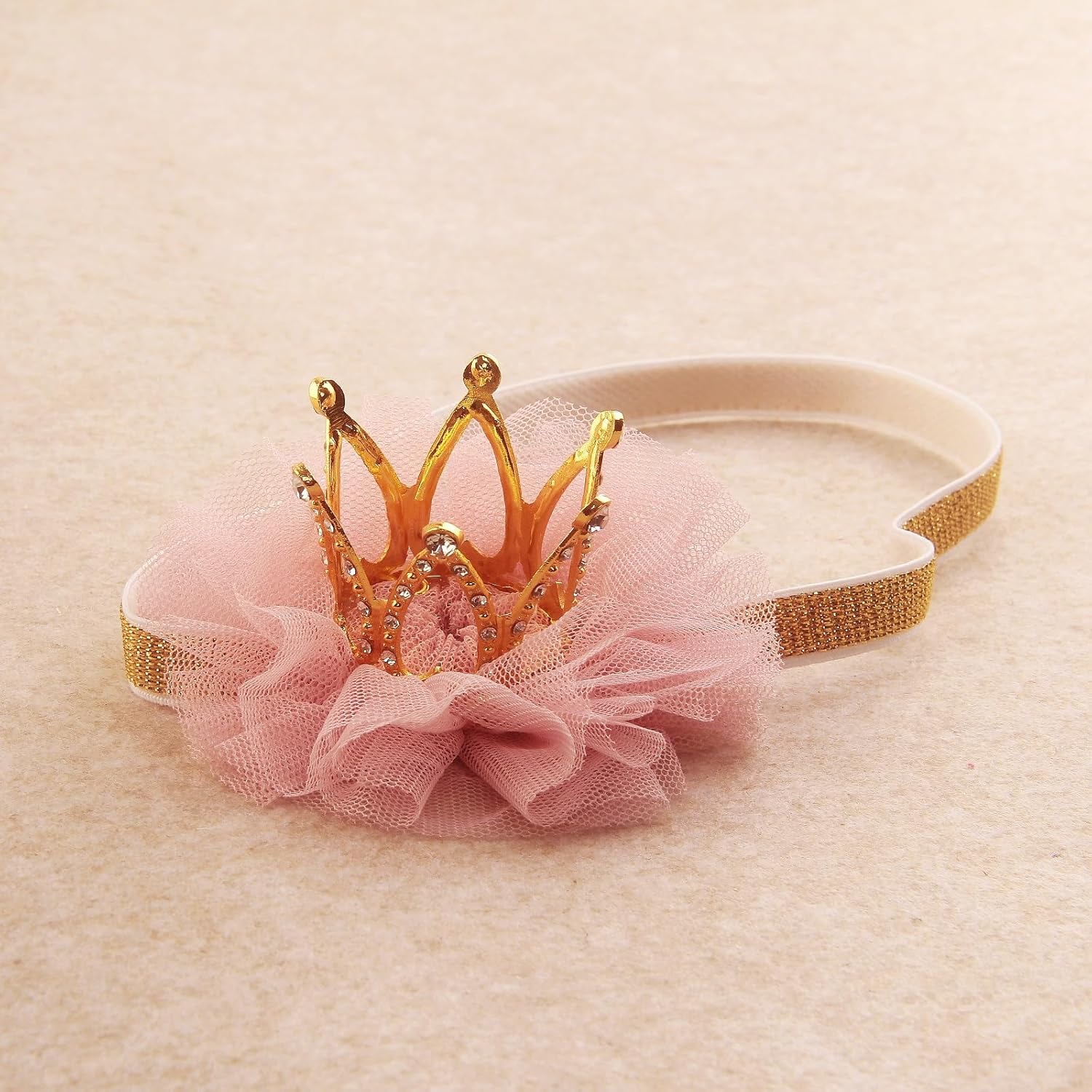 Nishine 1.3"x1.3" Mini Baby Girl Tulle Crown Headband Toddler Princess Crown Tiaras Birthday Photography (Gold, Elastic) - Image 3
