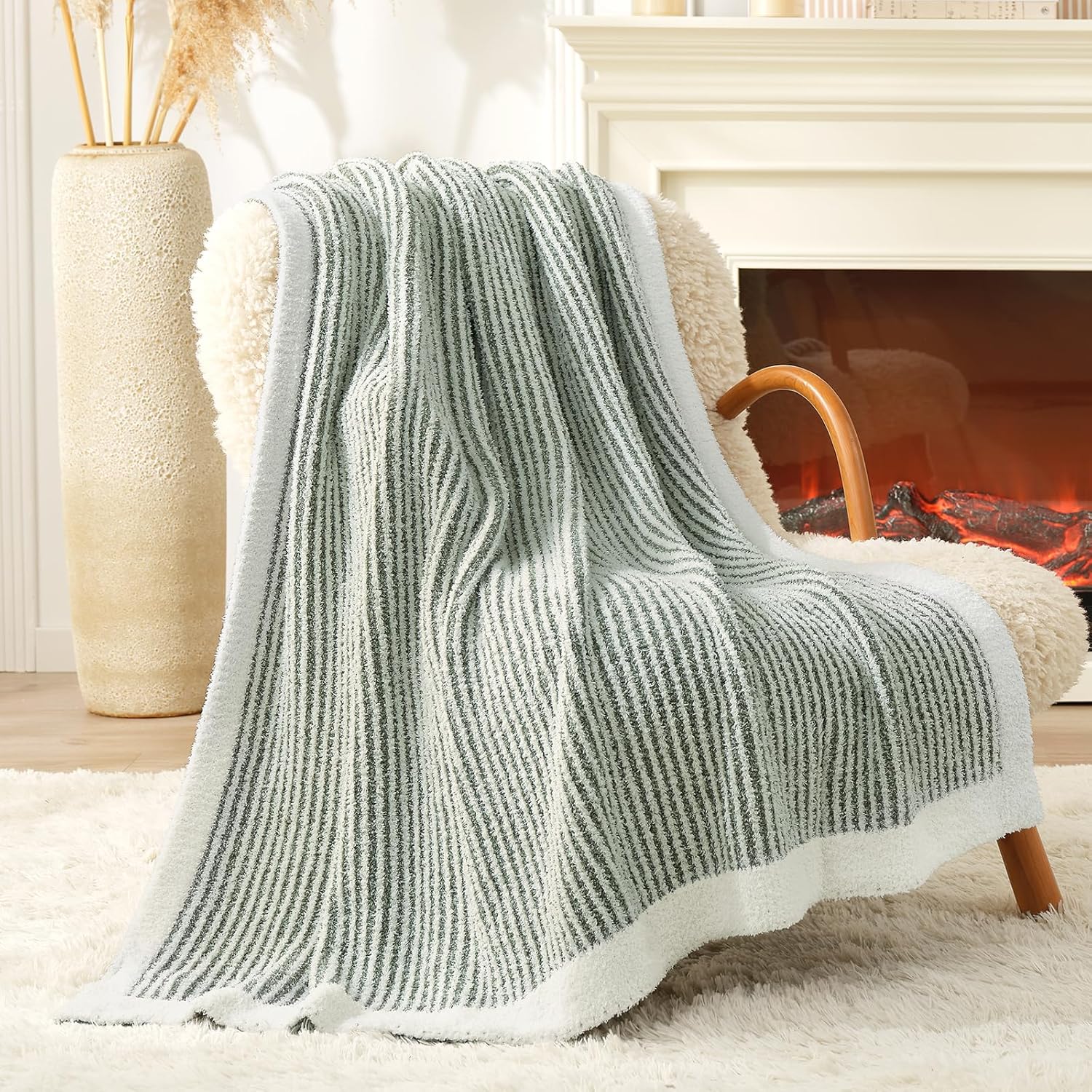 Snuggle Sac Warm Throw Blanket for Couch, Fuzzy Microfiber Knit Stripe Blankets for Couch, Sofa, Travel, Green Cream, 50x60 inches - Image 6