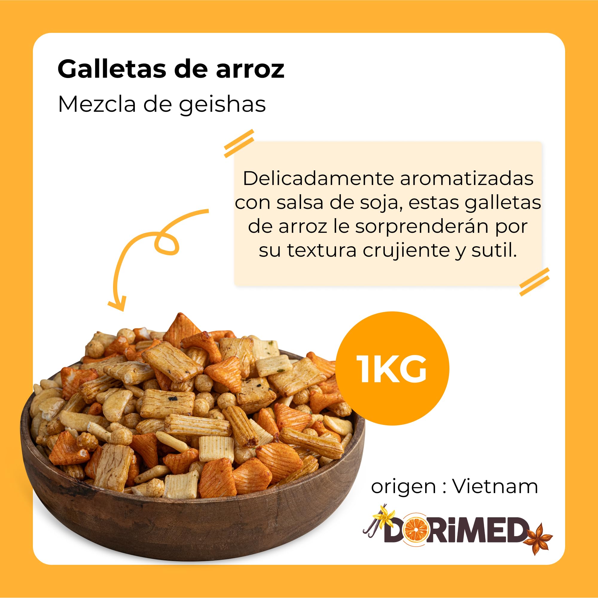 Mezcla de Aperitivo de Galletas de Arroz Geisha 1 kg | Sabor Vietnamita y Japonés con un toque a Sal, Paprika y Soja | Un Snack Asiático Variado, Crocante y Tostado | Dorimed