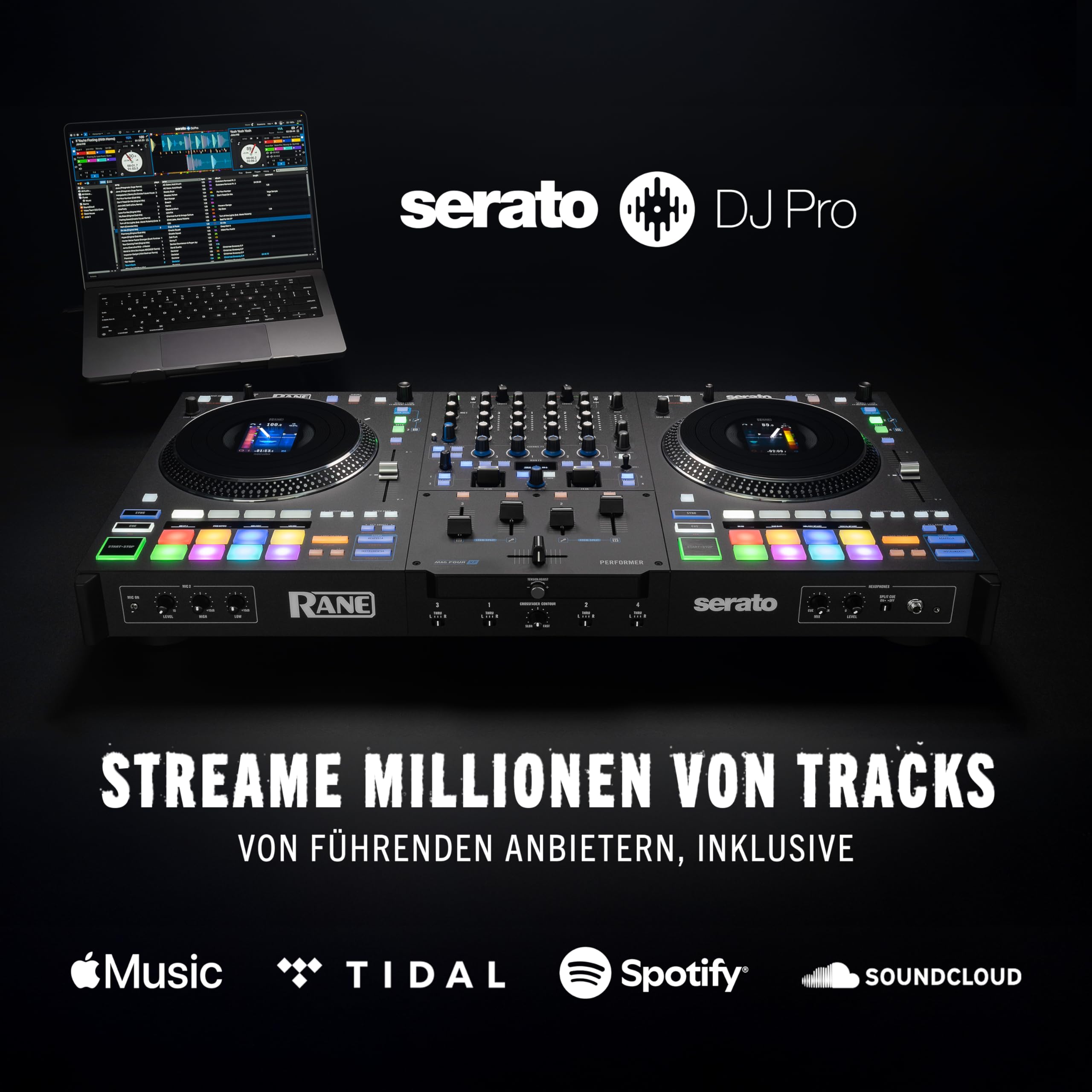 RANE PERFORMER 4-Kanal Pult, Motorisierter DJ Controller, 7-Zoll Platters mit Displays, Precision Feel Fader, Stem-Split, Serato DJ Pro Freischaltung