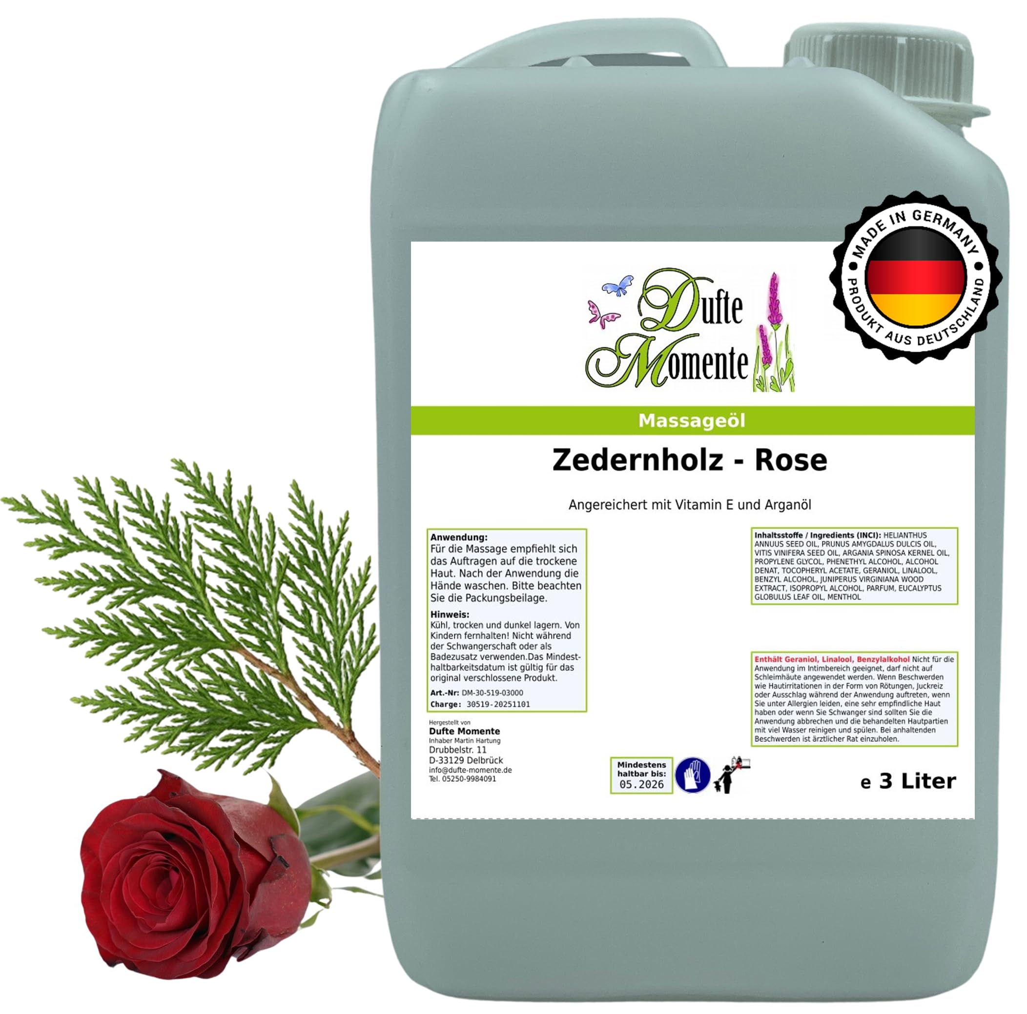 Dufte Momente Massageöl Zedernholz-Rose – 3 Liter – Paraffinölbasis – warm & sinnlich – professionelle Gleitfähigkeit – für Wellness & Massage – Made in Germany