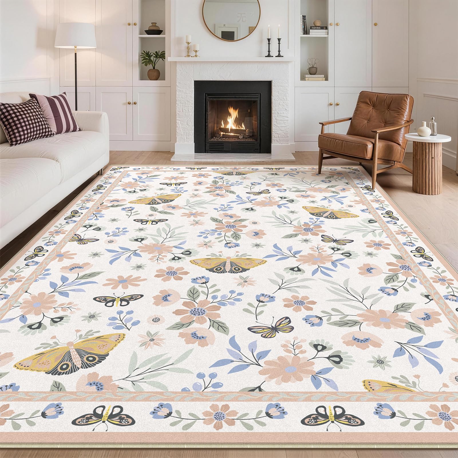 FVVRAX White Rugs for Living Room, 160×230 cm Large Short Pile Vintage Butterfly Floral Rug for Bedroom with Non-Slip Backing, Boho Carpet for Lounge Areas, Indoor Home Decor