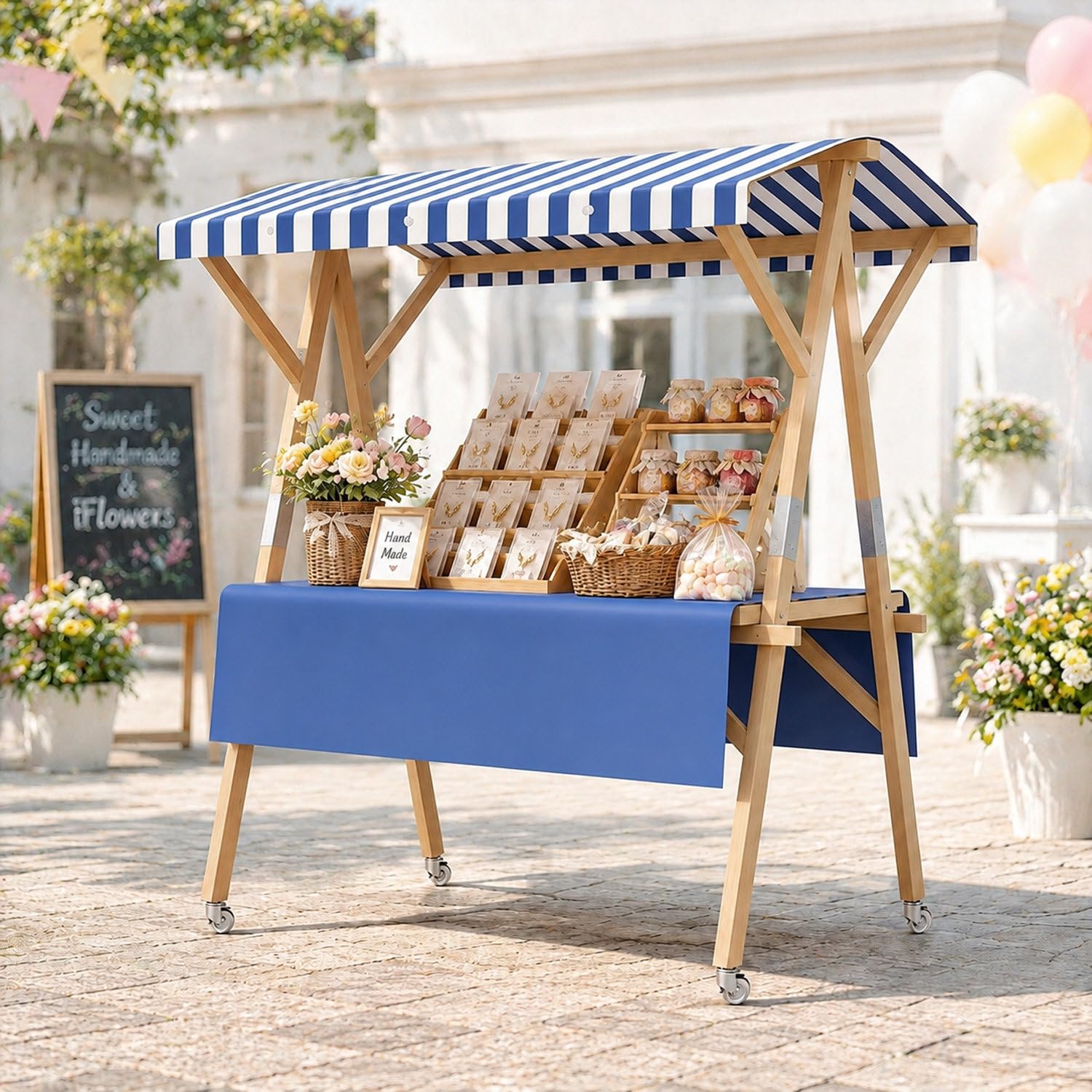 COAKUE Portable Foldable Wooden Farmers Market Stand on Wheels with Awning, Outdoor Vendor Cart Roadside Farm Stand for Roadside Vending, Markets & Craft Fairs BlueA-120cm/47.2in