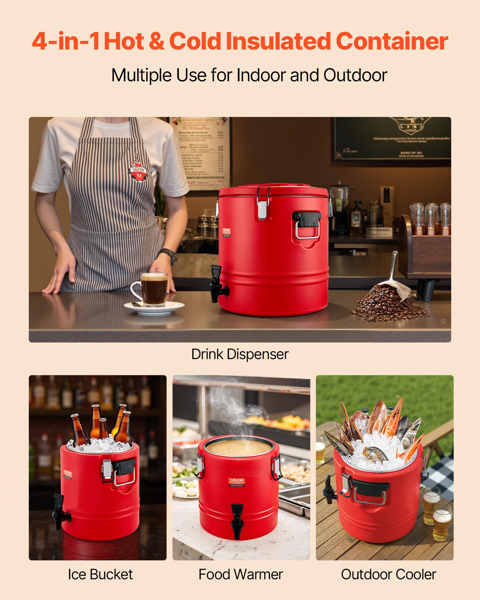 VEVOR Distributeur de Boissons Isotherme 30 L, Fontaine à Eau Chaude et Froide Non Électrique, Intérieur Inox 304, Rouge