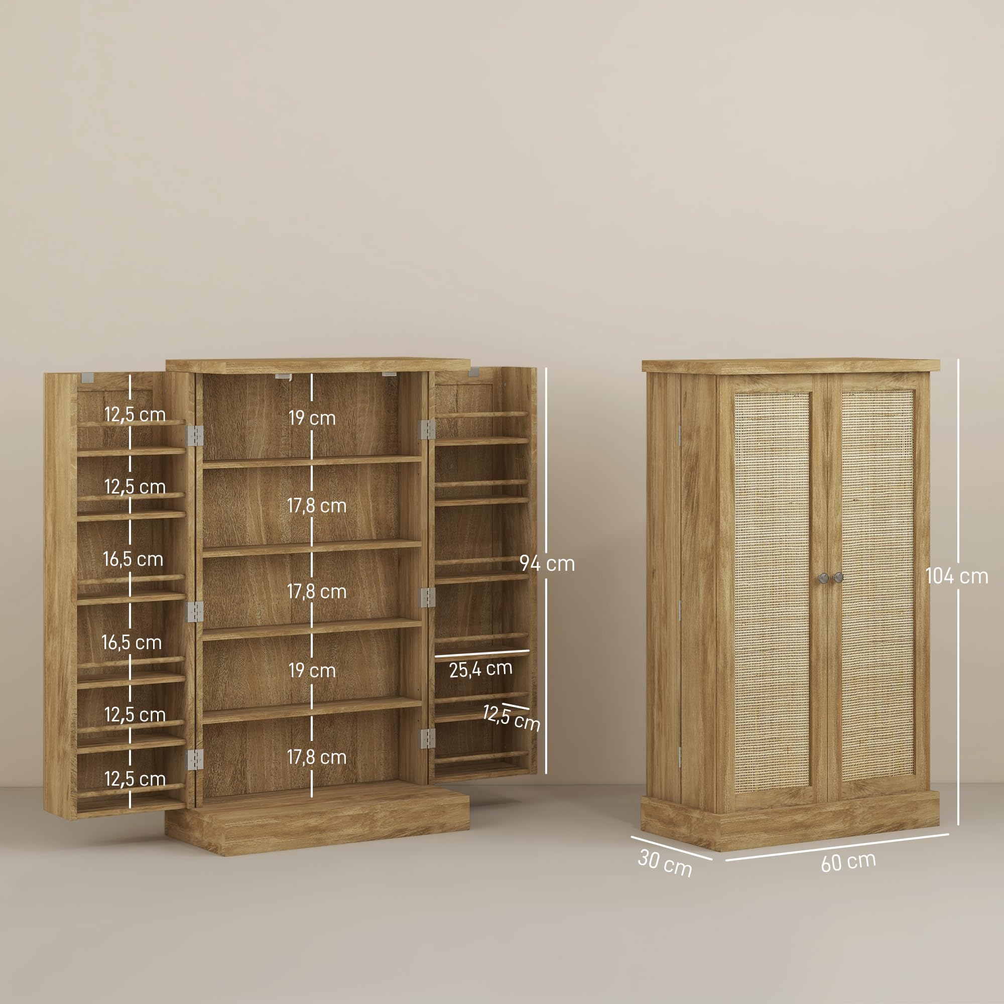 HOMCOM Armadio da cucina Armadio dispensa da cucina con 2 ante in rattan e 16 ripiani Armadio da cucina moderno con ripiani regolabili per sala da pranzo soggiorno 60x30x104 cm Naturale