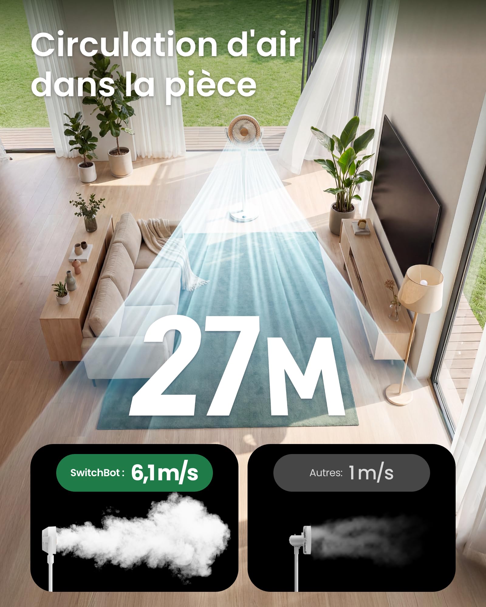 SwitchBot Ventilateur sur pied oscillant, éclairage RGB, 22 dB ultra-silencieux, télécommande, compatible Matter via Hub, débit d'air 9,15 m³/min, hauteur réglable, 4 modes, 9 vitesses, minuterie 9 h