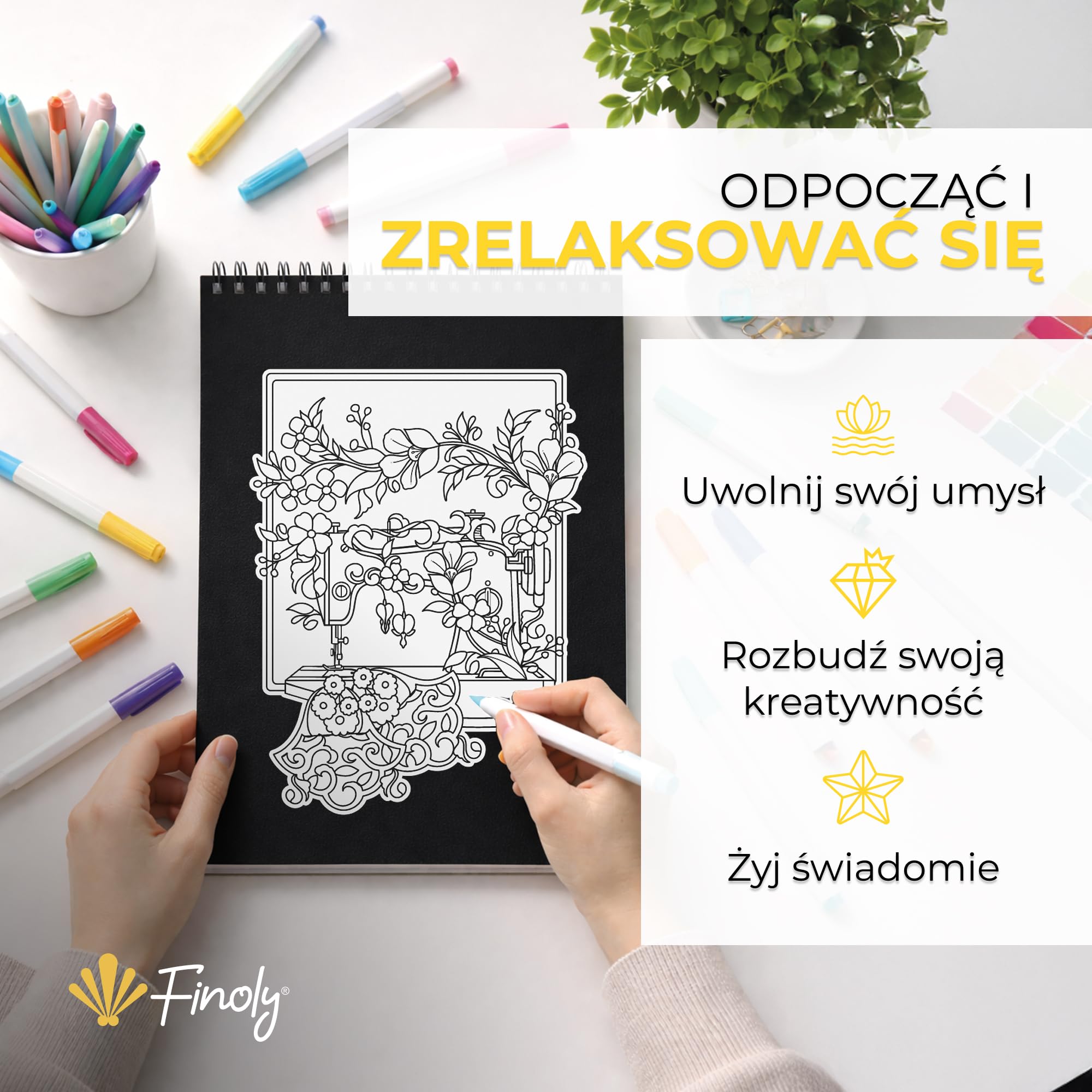 Finoly Kolorowanka dla Dorosłych Kwiaty A4 Redukcja Stresu | Kolorowanki dla Dorosłych Początkujących i Zaawansowanych | Zeszyt do Kolorowania Mindfulness Antystresowy, Gruby Papier (Noc)