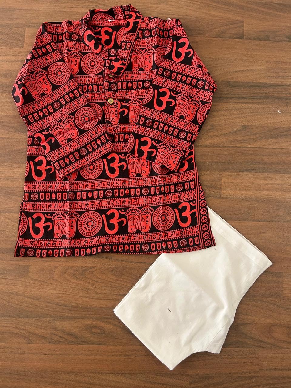 NiAK Boys Om Print Cotton Kurta Pyjama Set, Traditional Festival Wear, Full Sleeve. (Red, 4-5 Years) 3