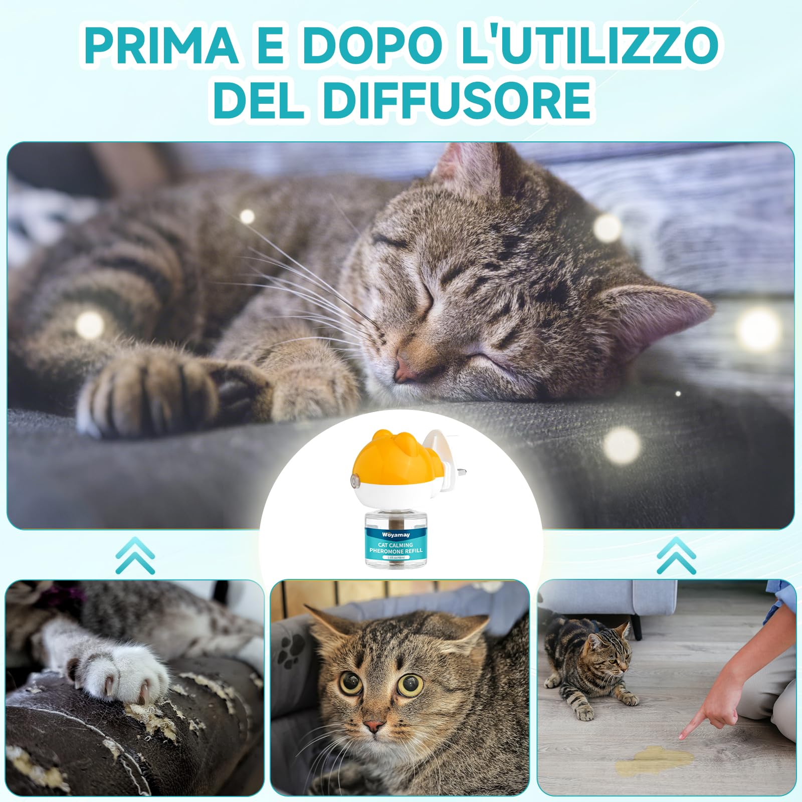 Woyamay Diffusore Feromoni per Gatti con 1 Diffusore + 2 Ricariche 48 ml, Calmante eTranquillante per Gatti, Antistress Gatto Fino a 60 Giorni