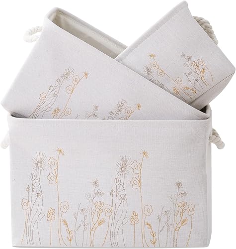 Cesta de almacenamiento de 3 unidades, cesta de almacenamiento de tela para tres tamaños, bordado floral, cestas de almacenamiento de lona plegables