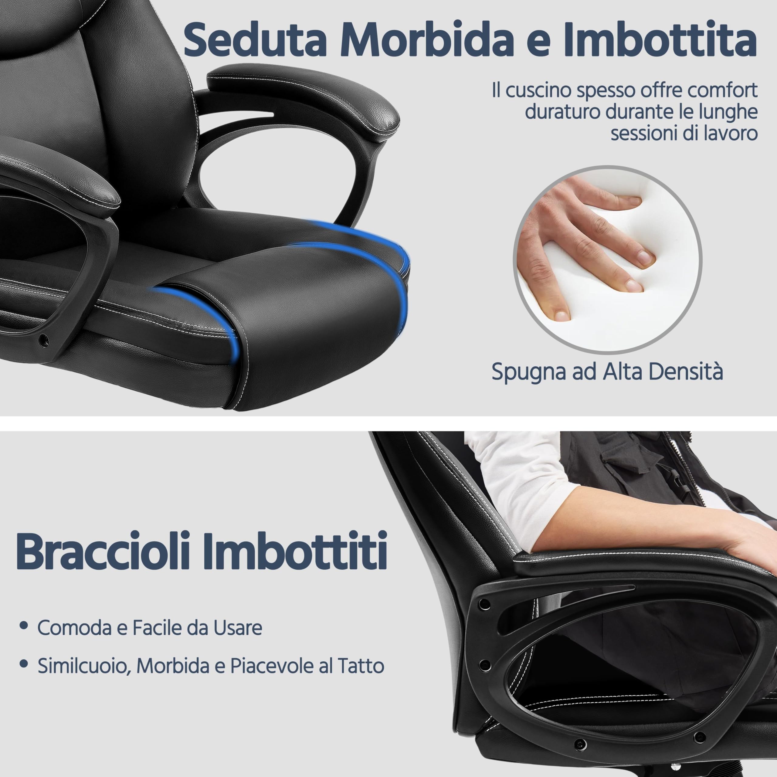 Yaheetech Sedia/Poltrona Ufficio Presidenziale Ergonomica in Finta Pelle Imbottita Sedia da Scrivania a Rotelle Girevole Reclinabile a Dondolo Altezza Regolbile Nera