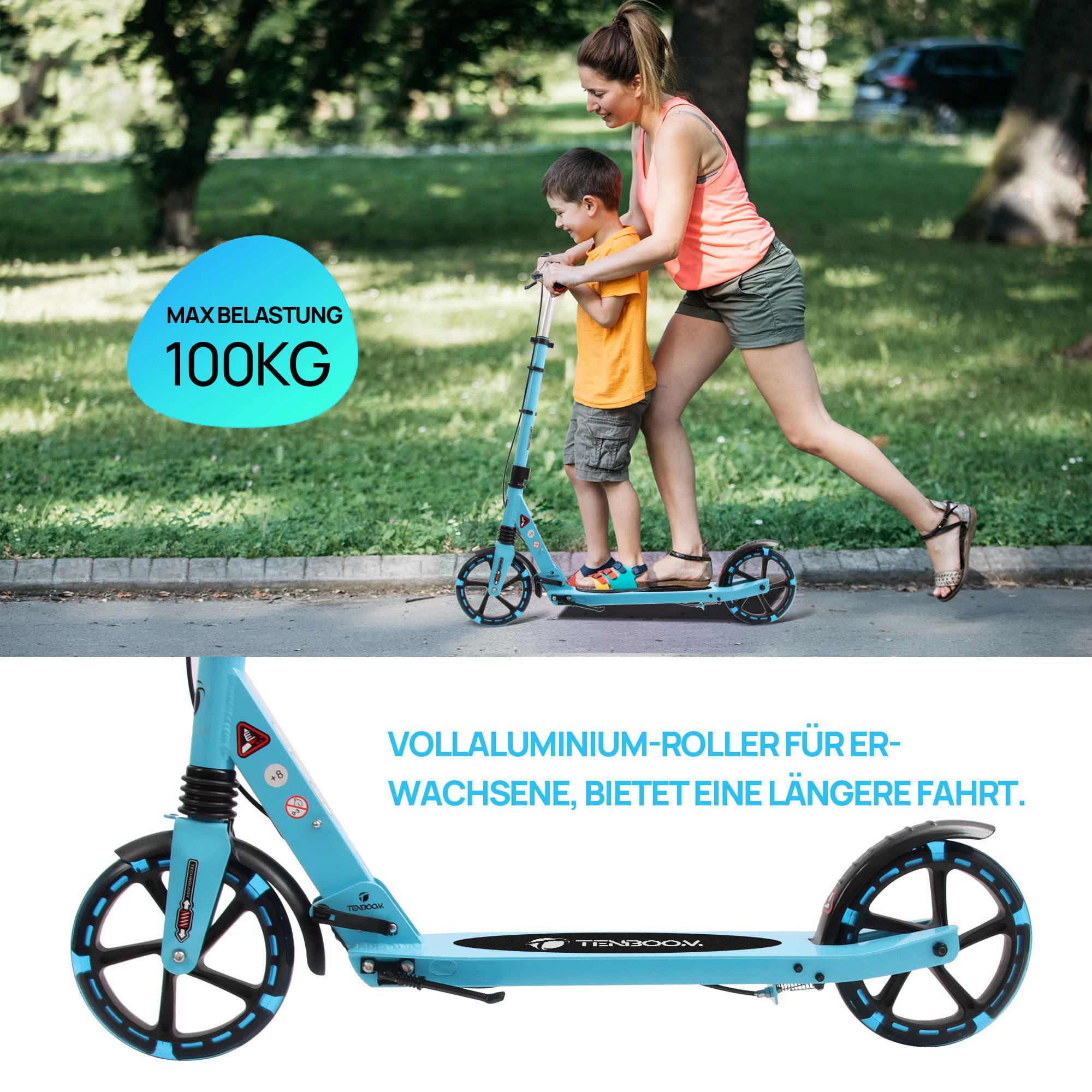 TENBOOM Trottinette à frein à disque pour adulte - En aluminium - Pliable - Hauteur réglable - Pour enfants de 8 ans - Avec frein à main et cloche - Système de double suspension.