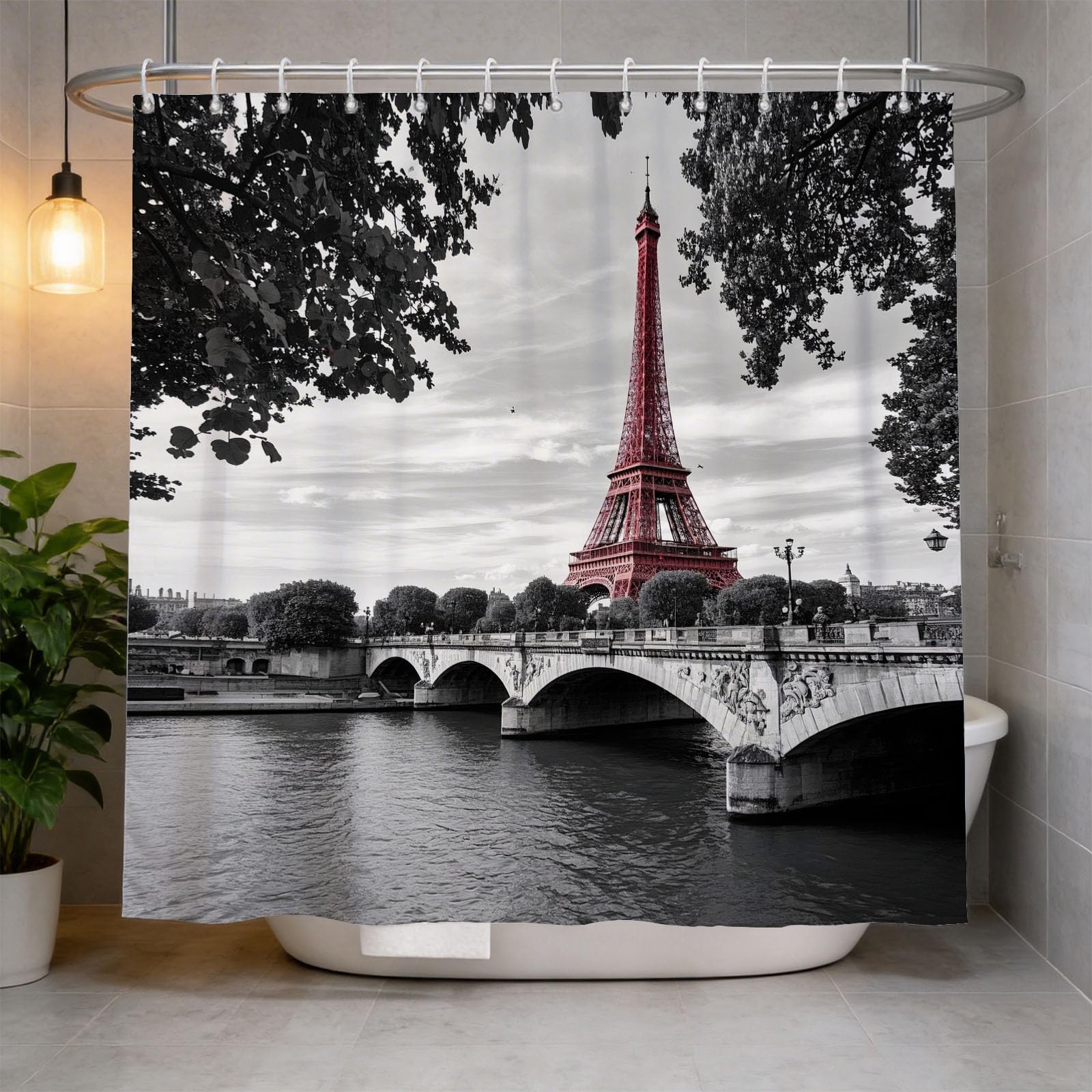 Hongduo 3D Eiffel Tower Shower Curtain for Stalls Bathtubs Paris Theme Bathroom Decor Shower Curtain Set Polyester Fabric Waterproof 200x200cm/79X79 Inch with Hooks