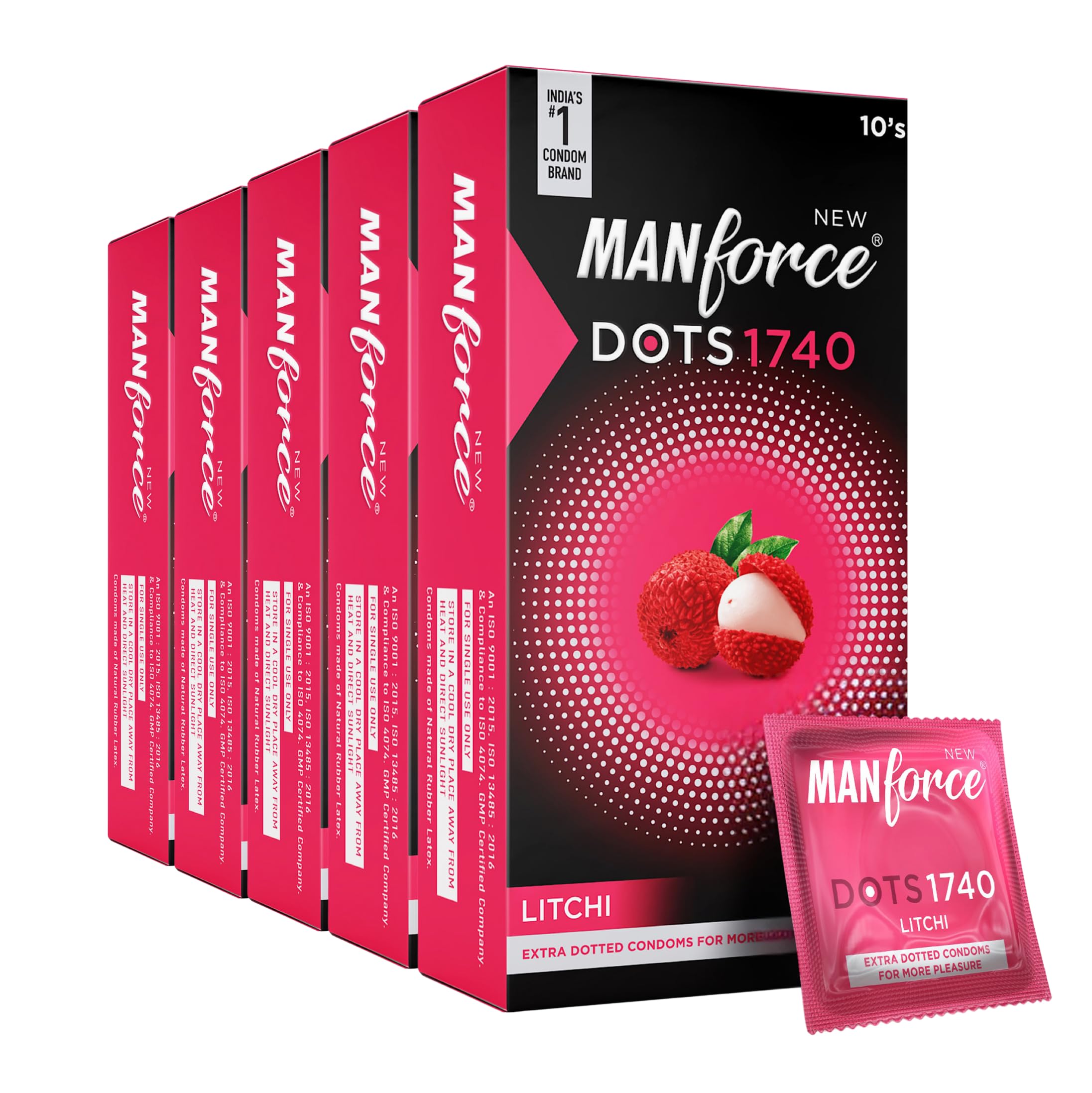 Manforce Litchi Flavoured Extra Dotted Condoms for Men| Extra Dots for Her Extra Stimulation| India’s No. 1* Condom Brand| Lubricated Latex Condoms| Pack of 5