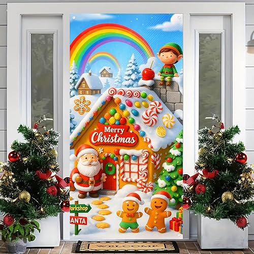 Miniatura 4 de Cubierta de puerta de Feliz Navidad de 71 x 35 pulgadas, decoración de invierno, Papá Noel, elfo, casa de jengibre, árbol de caramelo arcoíris para