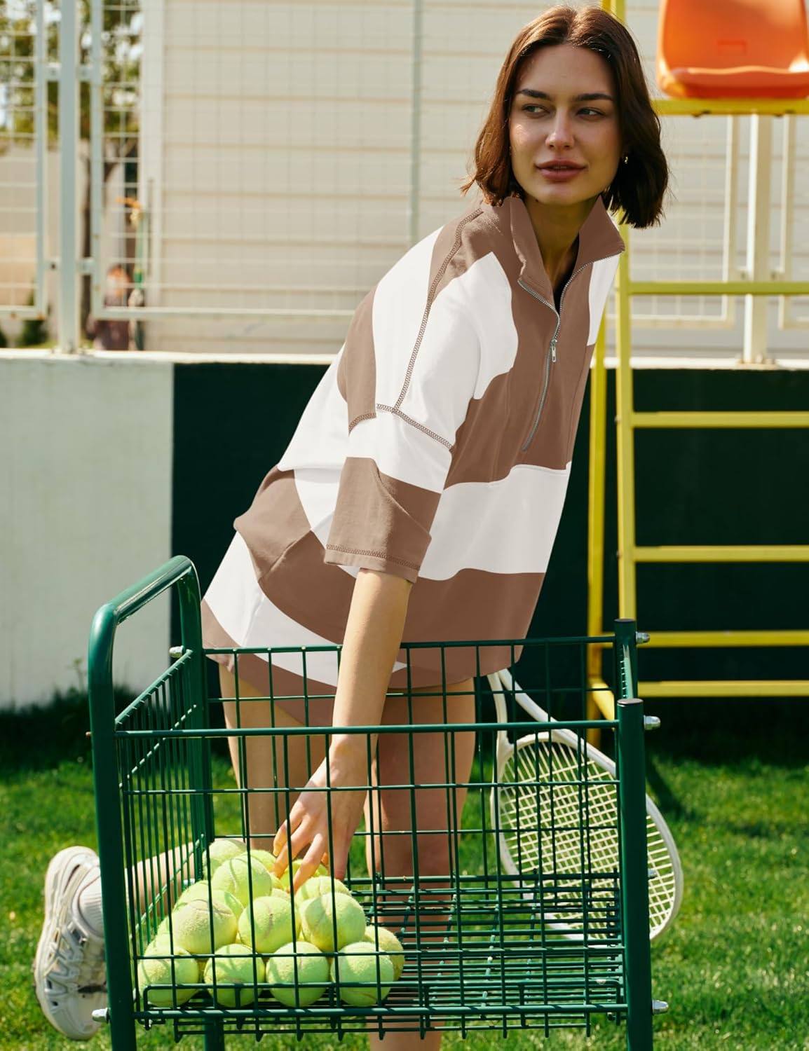 Panadila Women Striped Workout Set Two Piece Outfit Tracksuit Oversized Lounge Set Top and Shorts Sets with Pockets