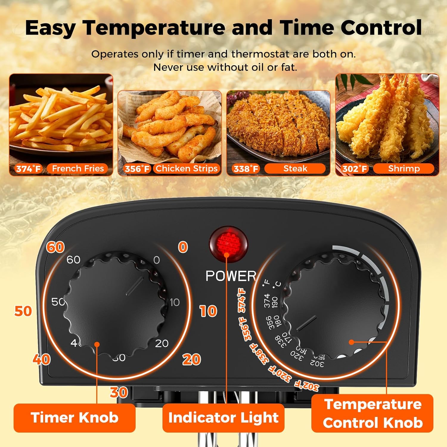 Deep fryer control panel with timer and temperature knobs