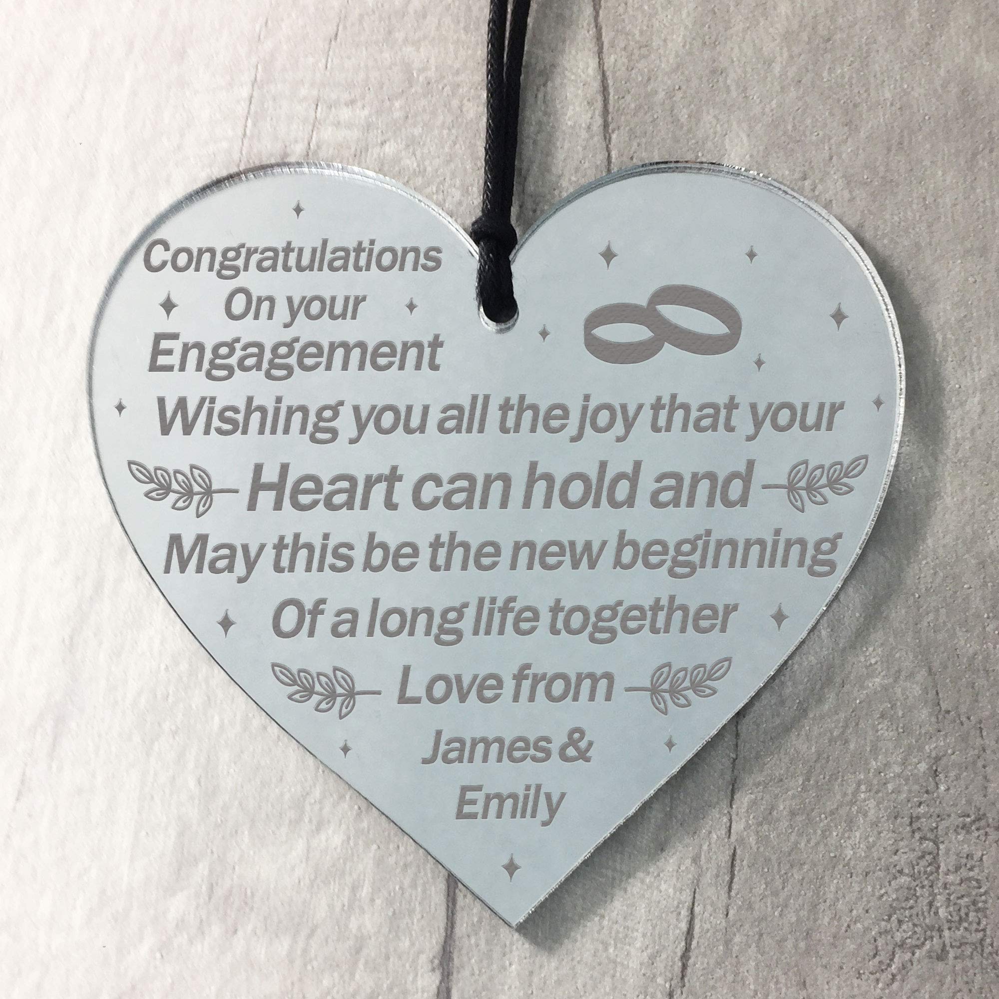 Red Ocean Personalised Engraved Engagement Gift Mirrored Heart Plaque Congratulations Gift For Friend or Family
