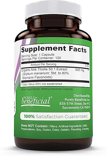Miniatura 4 de PURELY beneficial Cápsulas orgánicas de cardo mariano, extracto de cardo mariano 50:1, silybum marianum 25000 mg de fuerza, limpieza hepática