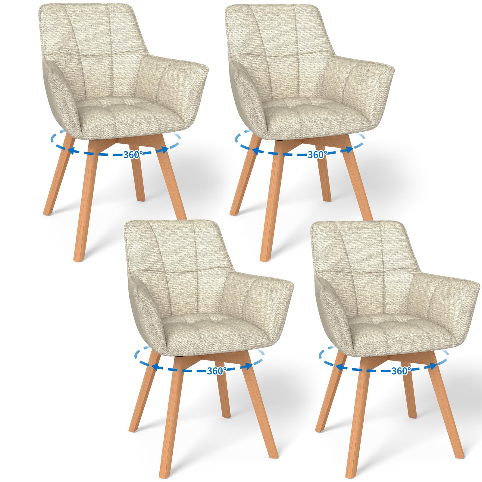 WAFTING 4er Set Drehbare Esszimmerstühle, 360° Drehstuhl mit Armlehnen Holzbeinen, Samtstoff Polsterstuhl für Esszimmer, Wohnzimmer, Küche, Schlafzimmer, Beige