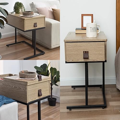 Miniatura 4 de Labcosi - Mesa auxiliar estrecha con cajón, mesa auxiliar abatible y mesita de noche para espacios pequeños, sala de estar, dormitorio, color nogal