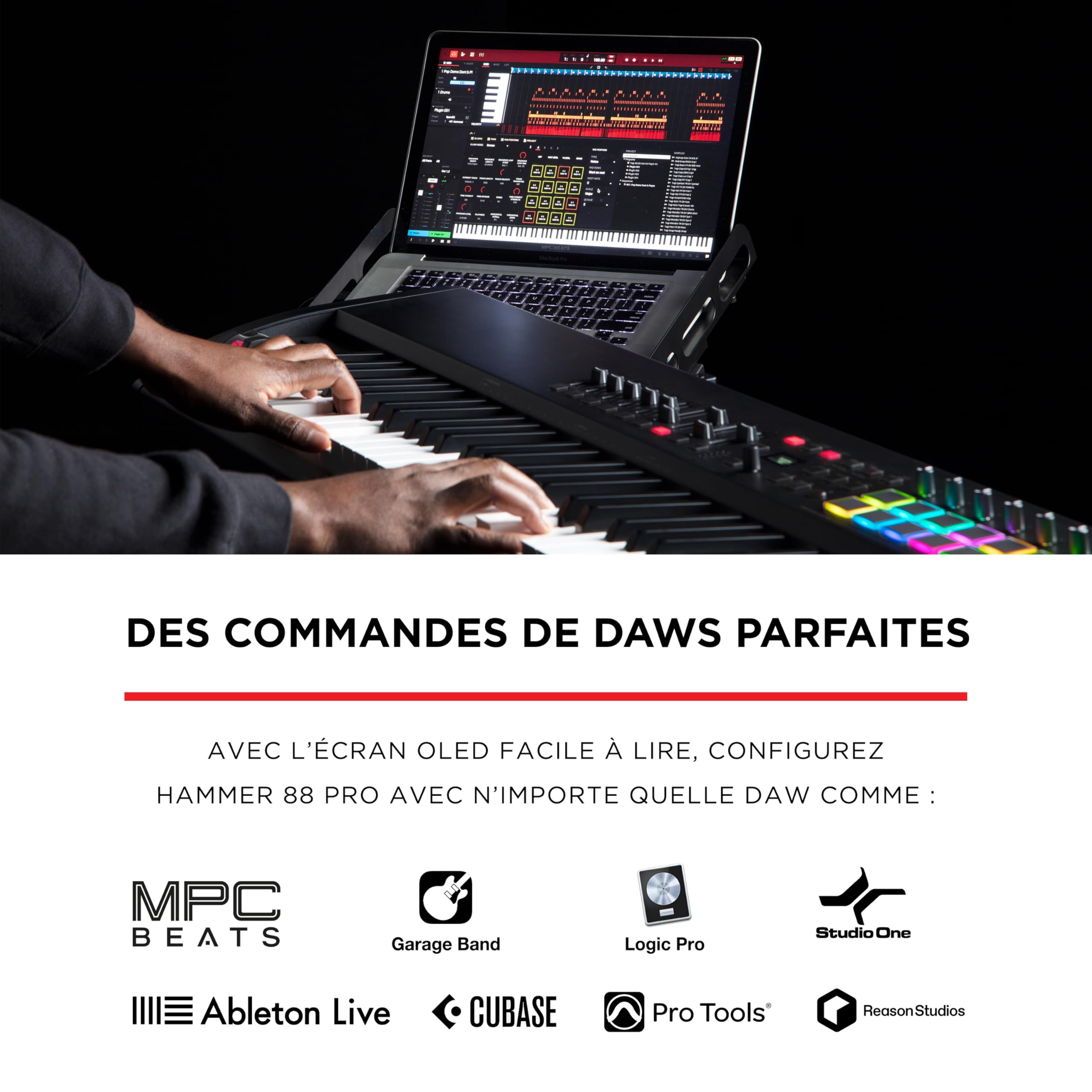 M-AUDIO Hammer 88 Pro - Clavier maître piano 88 touches MIDI USB avec touches lestées à marteaux, pads de rythme et pack de sons Native Instruments (intégration NKS)