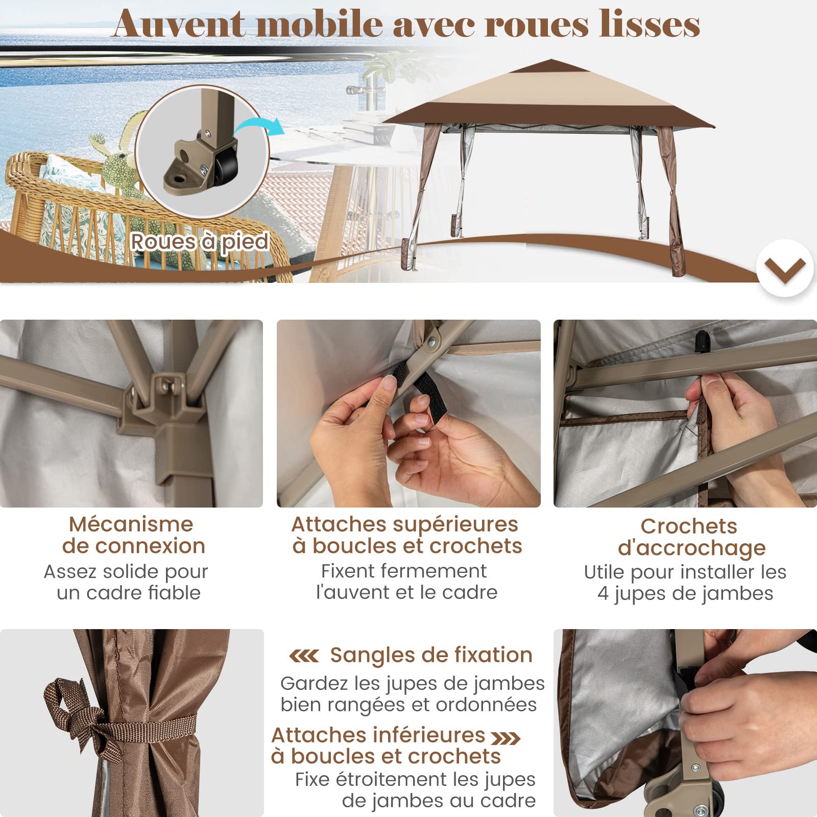 COSTWAY Tonnelle de Jardin Pliante 4M x 4M avec Supports en Fer et Roues, Tente de Reception Imperméable UPF 50+ à Hauteur 265-285CM Avant-Toits Sac Portable pour 8-10 Personnes, Beige