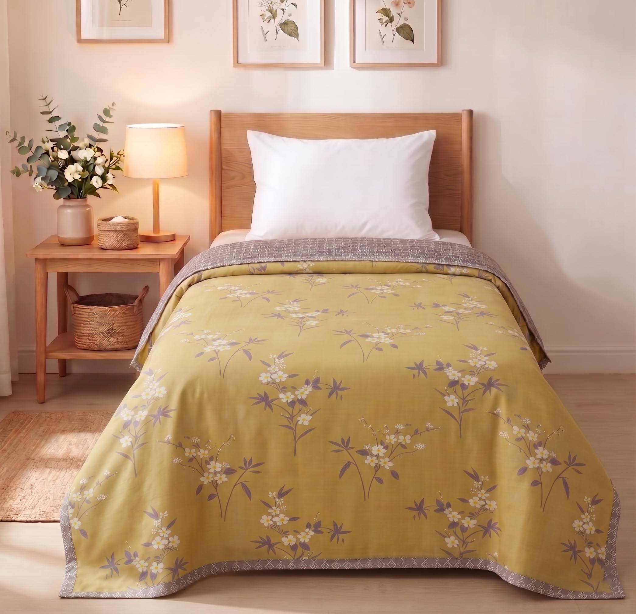 VAS COLLECTIONS Cotton AC Blanket for Single Bed, 147x230 cm | Reversible Lightweight All Season Comforter | Soft Breathable Skin-Friendly Blanket for Bedroom Use (Olive Slate)
