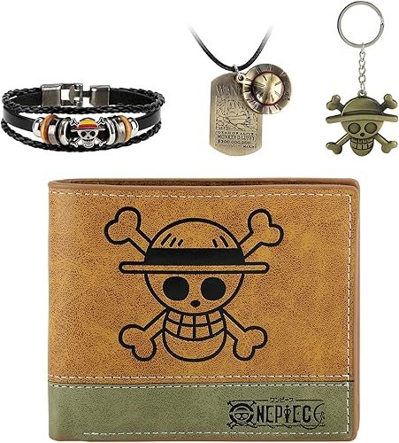 4 PCS ONEPIECE Luffy Bifold Wallet Anime Set (Straw Hat Pirates Jolly Roger Mens Wallet + Luffy Skull Pendant Necklace + Luffy Keychain + One Piece