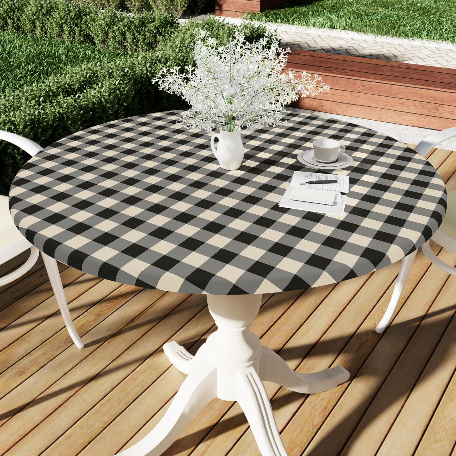 Smiry Round Picnic Tablecloth, Elastic Waterproof Fitted Vinyl Tablecloths for 45"-56" Tables, Flannel Backed Buffalo Plaid Table Cover for Dining, Camping, Outdoor, Black and Beige