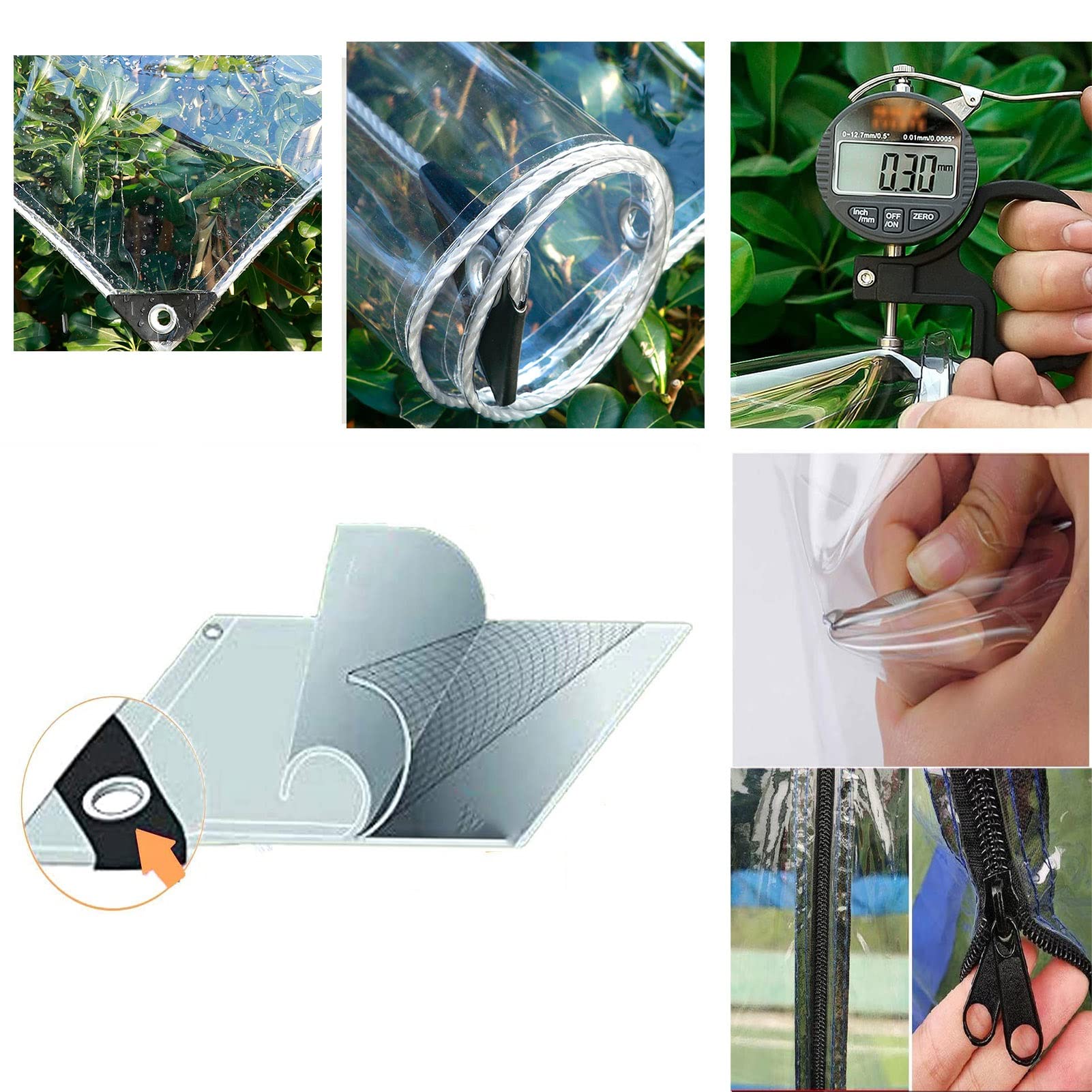 Rideaux D'extérieur Imperméables Transparents avec Porte À Fermeture Éclair, Panneau de Bâche en PVC Robuste pour Pergola, Porche, Tonnelle(6.6'x6.6'(2x2m))