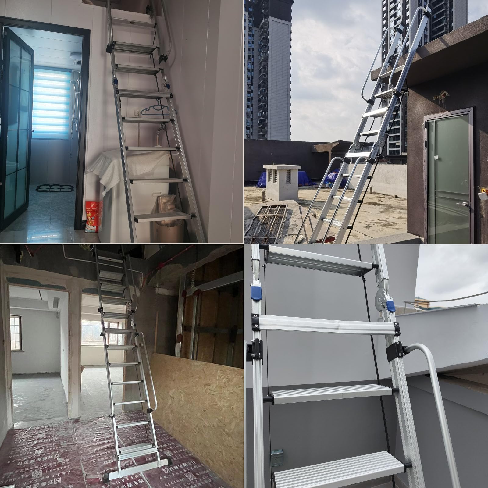 Escaleras para Áticos Escalera Portátil de Aluminio para Ático, Escalera de Escape Plegable para Interiores con Pasamanos y Base de Goma Antideslizante, Escalera Tipo Loft de Carga Alta para Sótano (