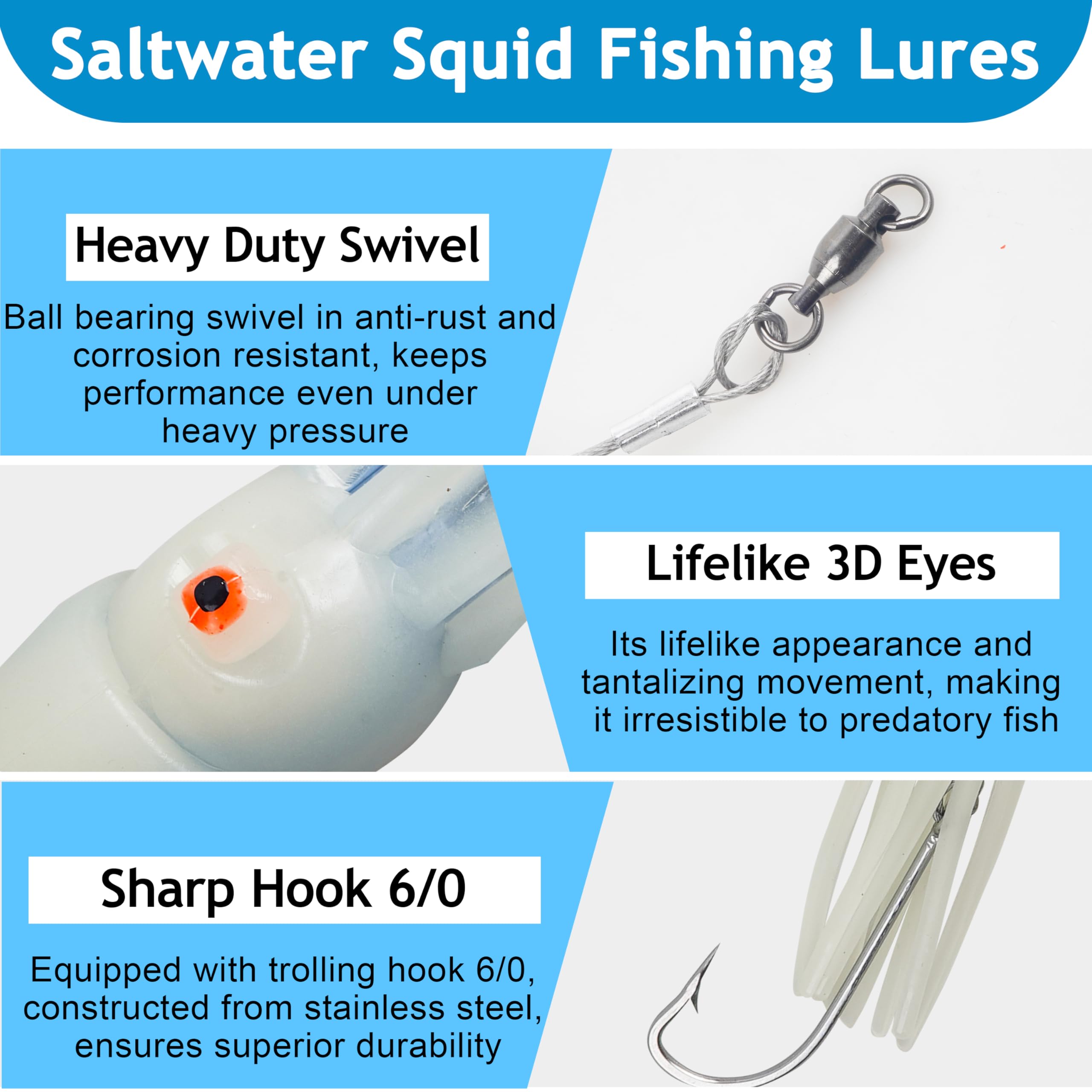 Señuelos de pesca de calamar de agua salada de 8 pulgadas, señuelos LED brillantes con 6/0 ganchos, luces de caída profunda, aparejo de halibut para atún, almizcle, caballa, salmón, surf, pesca en