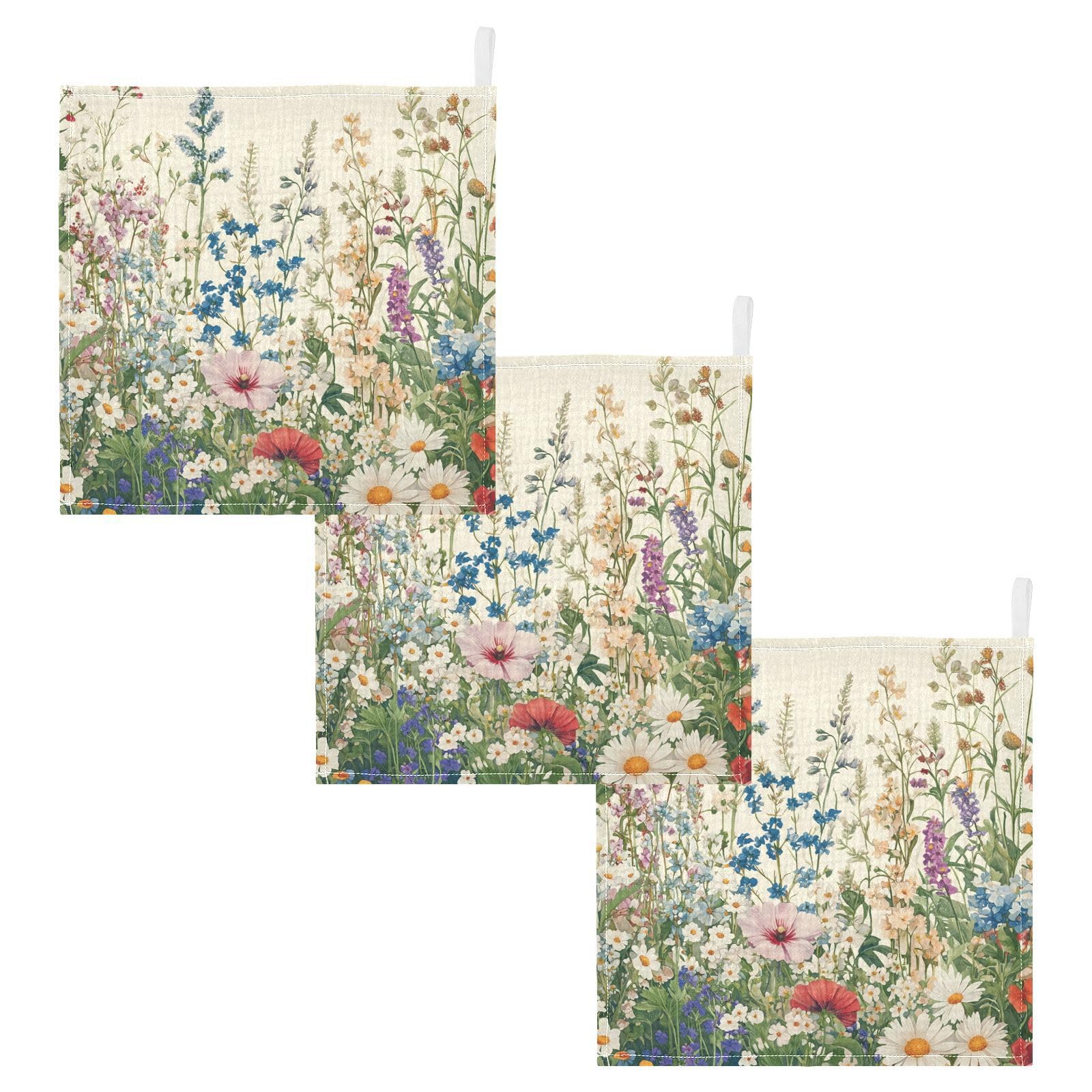 Nander Vintage Beautiful Wildflowers Baby Muslin Washcloths 3PCS- Soft Face Cloths for Newborn Absorbent Bath Wash Cloths Wipes