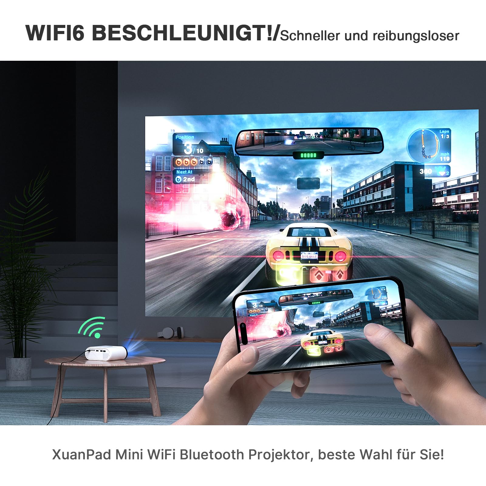 Mini Beamer WiFi Bluetooth, XuanPad 20000L Beamer Klein mit Stativ unterstützt Full HD 1080P, 50% Zoom, ±15° Trapezkorrektur, Mini Projektor Kompatibel mit HDMI, USB, AV, iOS, Android, PC, TV-Stick