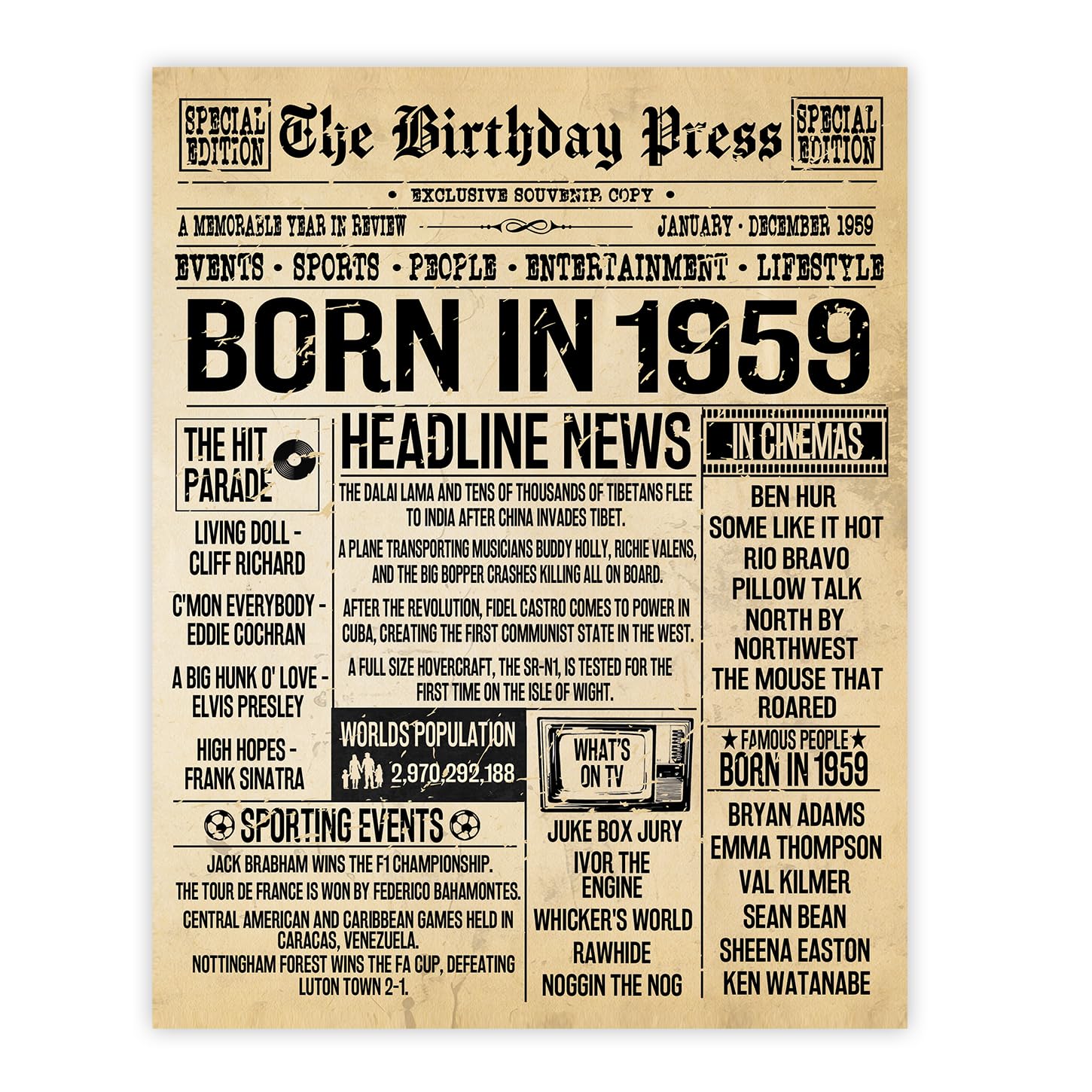 Stuff4 67th Birthday Poster Unframed - Born In 1959 Vintage Newspaper - Happy 67th Birthday Gifts for Women Men Retro Back In 1959, 8x10 Inch Decor Decoration Bday Party