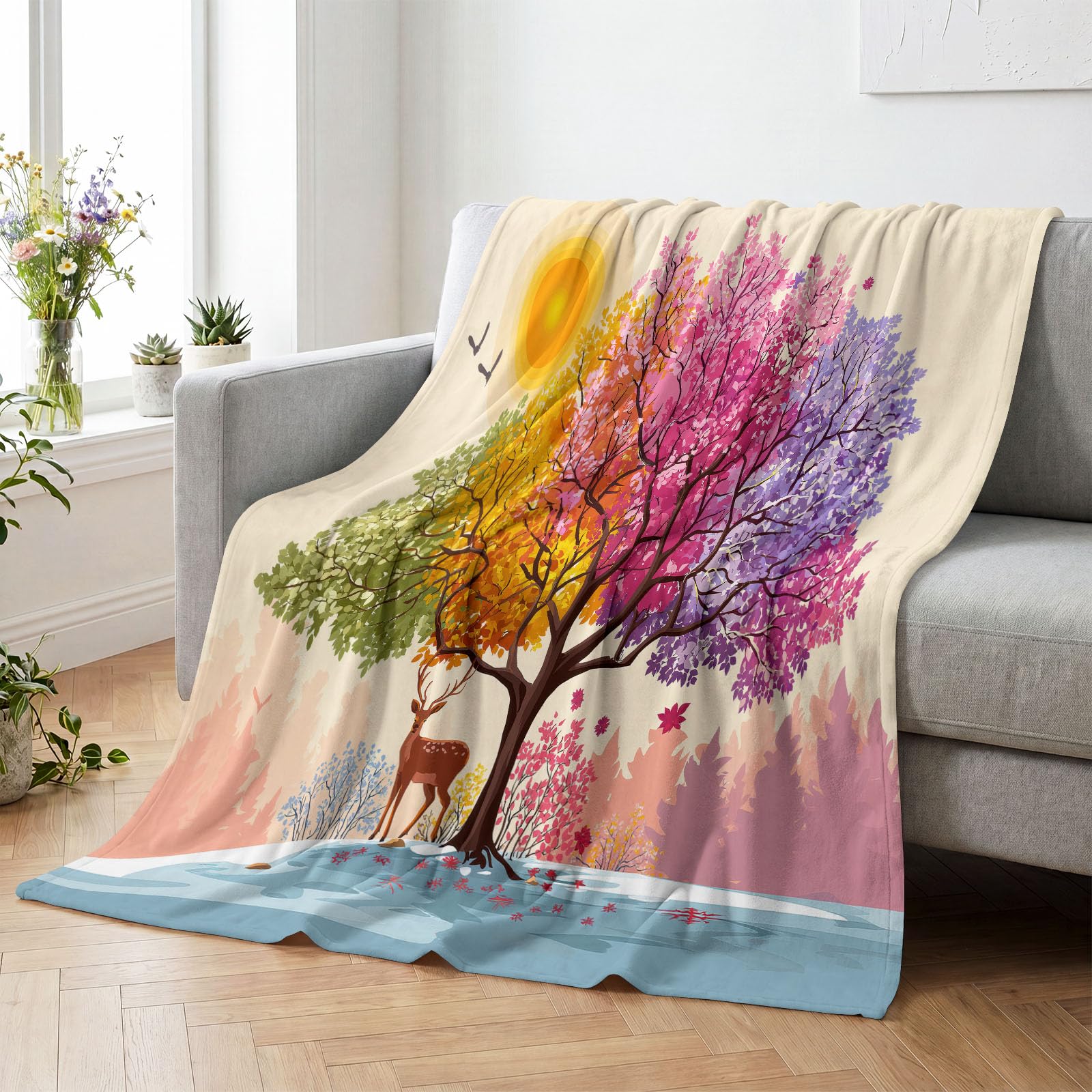 Pintura Acuarela Mantas Plaid Árbol Estaciones Ciervo Luna