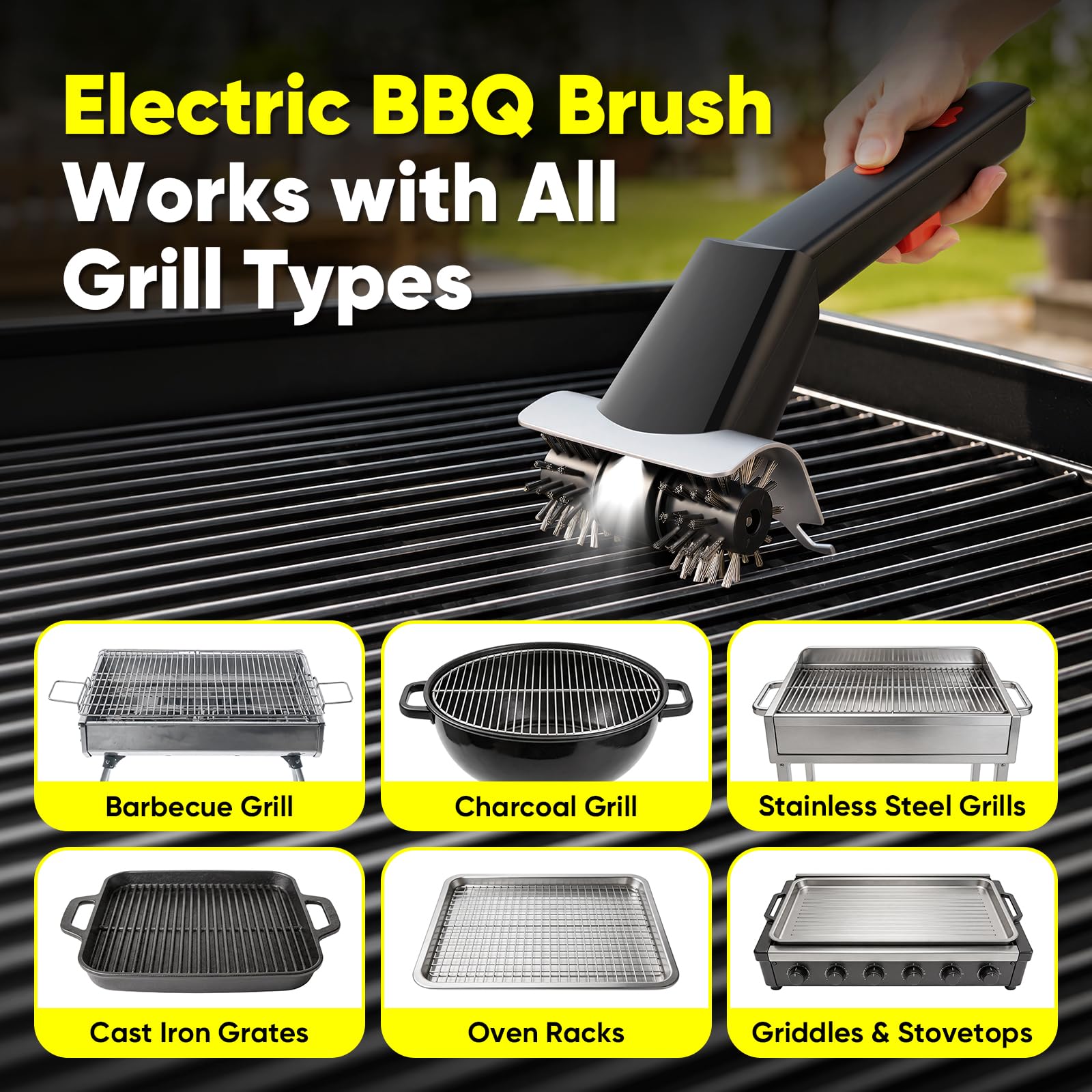 Elektrische BBQ Grill Reinigungsbürste - 2 in 1 rotierende Bürste mit Wasserspray, Edelstahlborsten, langer Griff, wiederaufladbar, IPX4 wasserdicht, für Outdoor-Grills und Herdplatten