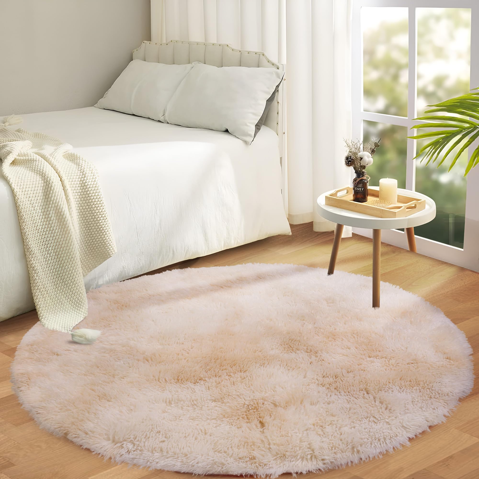 Aspire Homeware Round Rugs Living Room - Tie-Dye Cream Area Rugs 120x120cm for Bedroom Anti Slip - Modern Super Soft Fluffy Shaggy Rug – Plush Carpets Bedside Rug for Kids Room — image 1