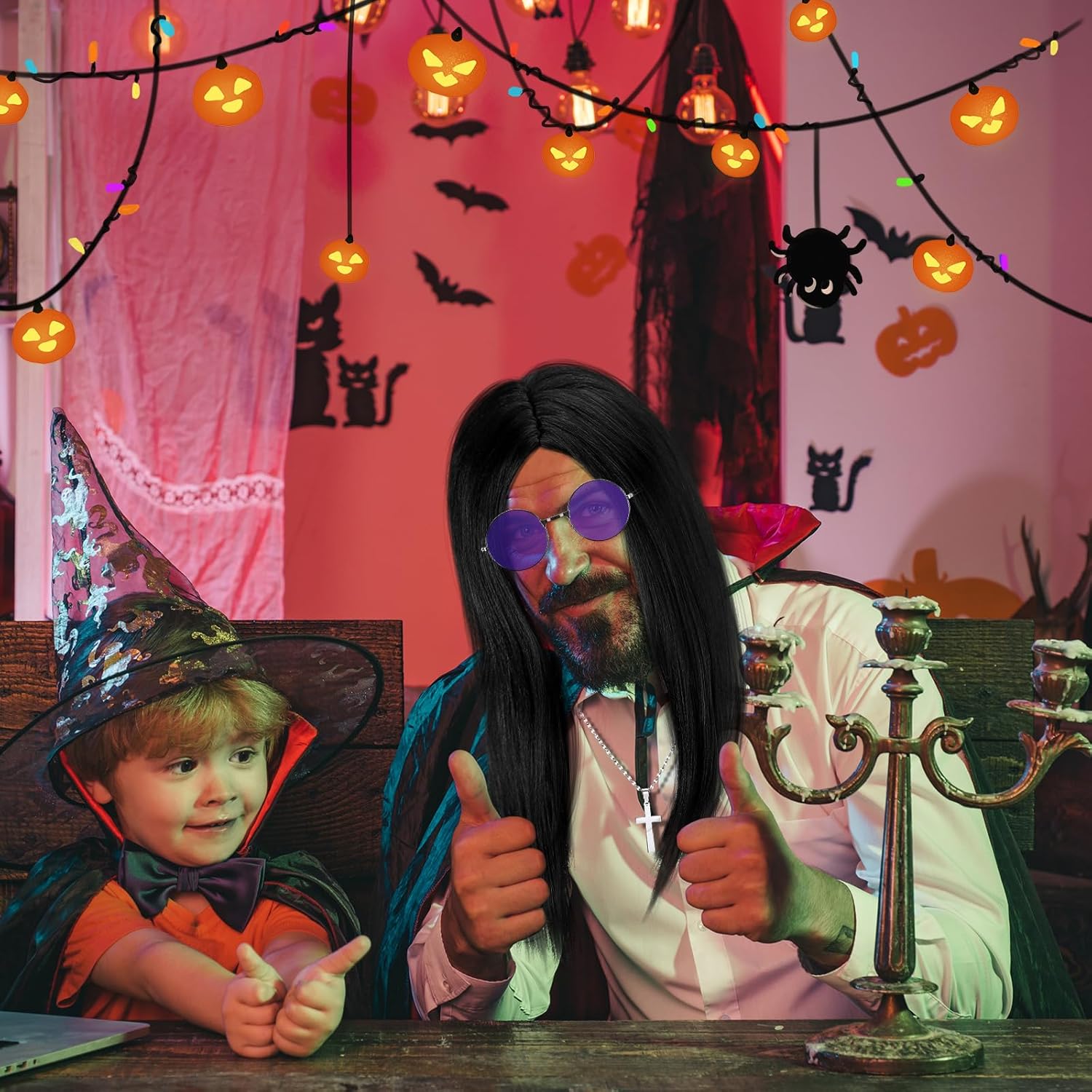 Highergo 3 Pcs Mens 80's Rock Costume Wig with Purple Round Hippie Glasses Cross Pendant Necklace 80s Hip Hop Rock Cosplay Costume Accessories for Men Halloween Cosplay Party Accessories - Image 7