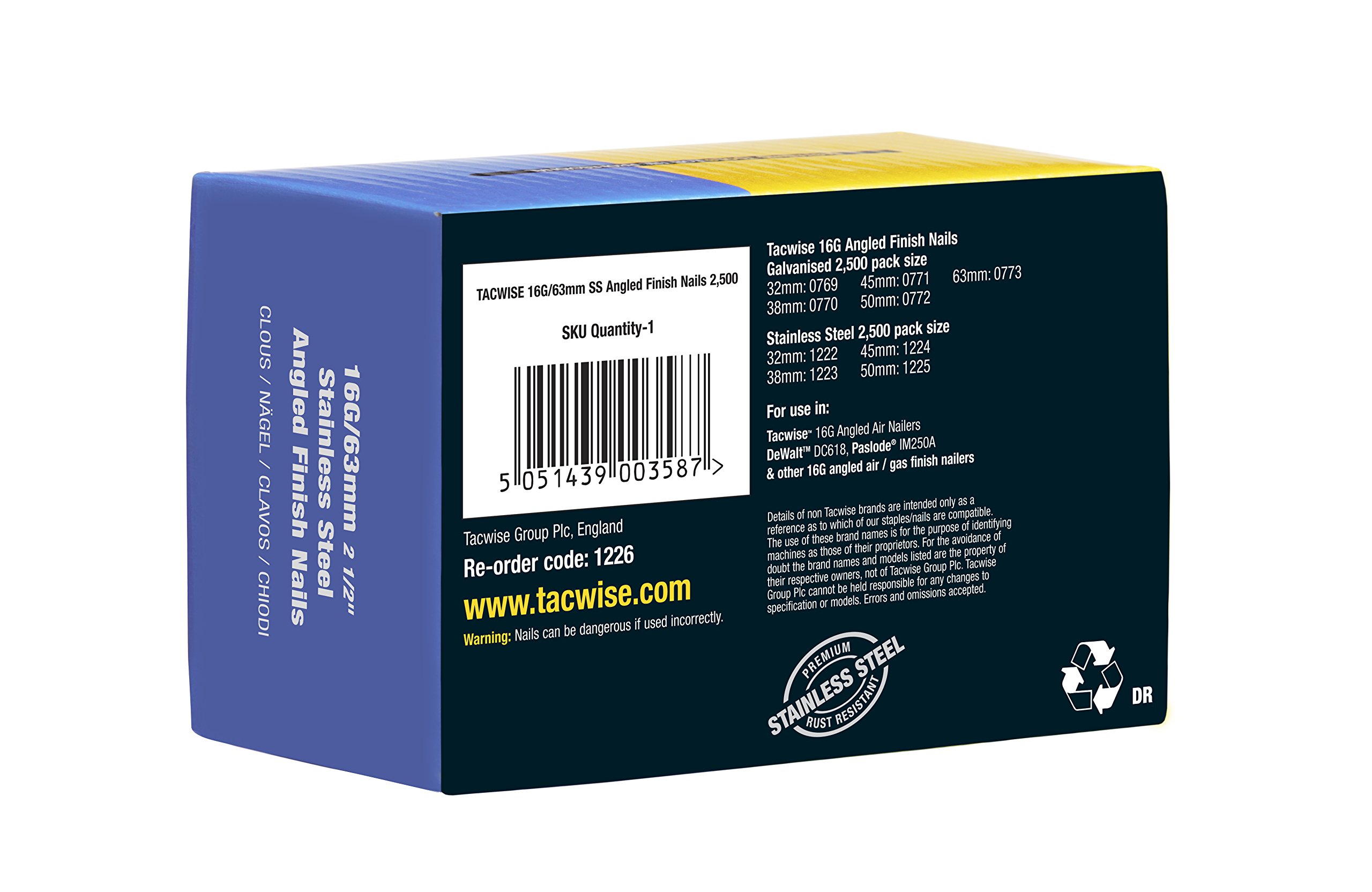 Tacwise 1226 Clavos de Acabado 16G / 63 mm, Acero inoxidable, Caja de 2500
