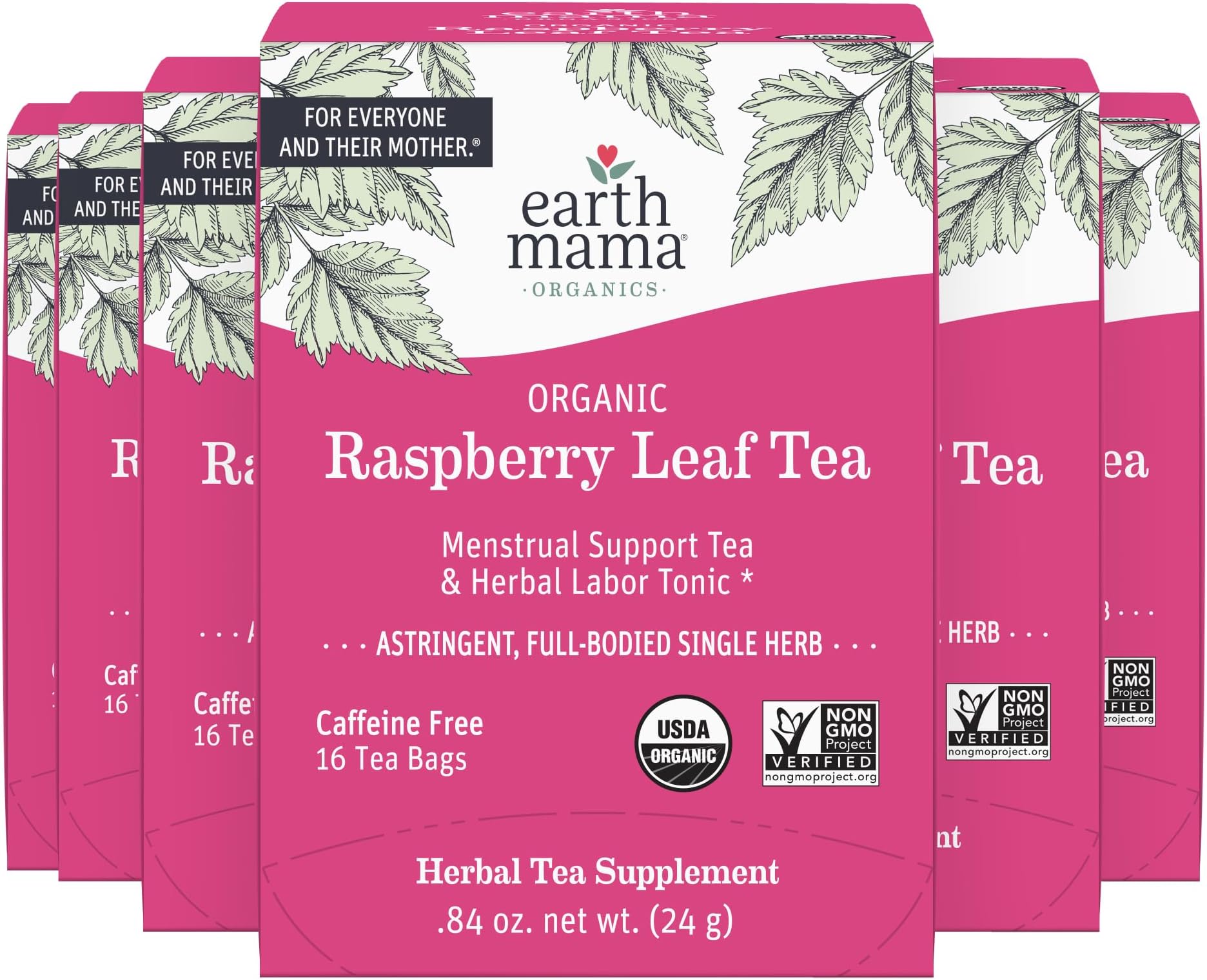 Earth Mama Organic Raspberry Leaf Tea Bags | Labor Tonic & Menstrual Support Herbal Tea, Red Raspberry Leaf Tea for Pregnancy & Postpartum Care Recovery, Caffeine Free Tea, Non GMO, (16 Teabags, 6-Pk)