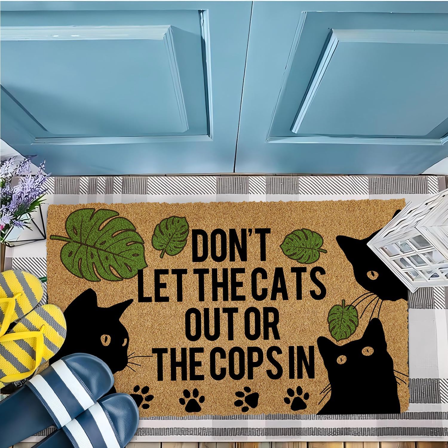Cat Door Mat Welcome Mat - No-Shed Faux Coir & Non-Slip Backing - Funny Doormat with Don't Let The Cats Out or The Cops in Design for Rainy Outdoor Entrance, Front Door, Porch, 23.6" x 15.7"