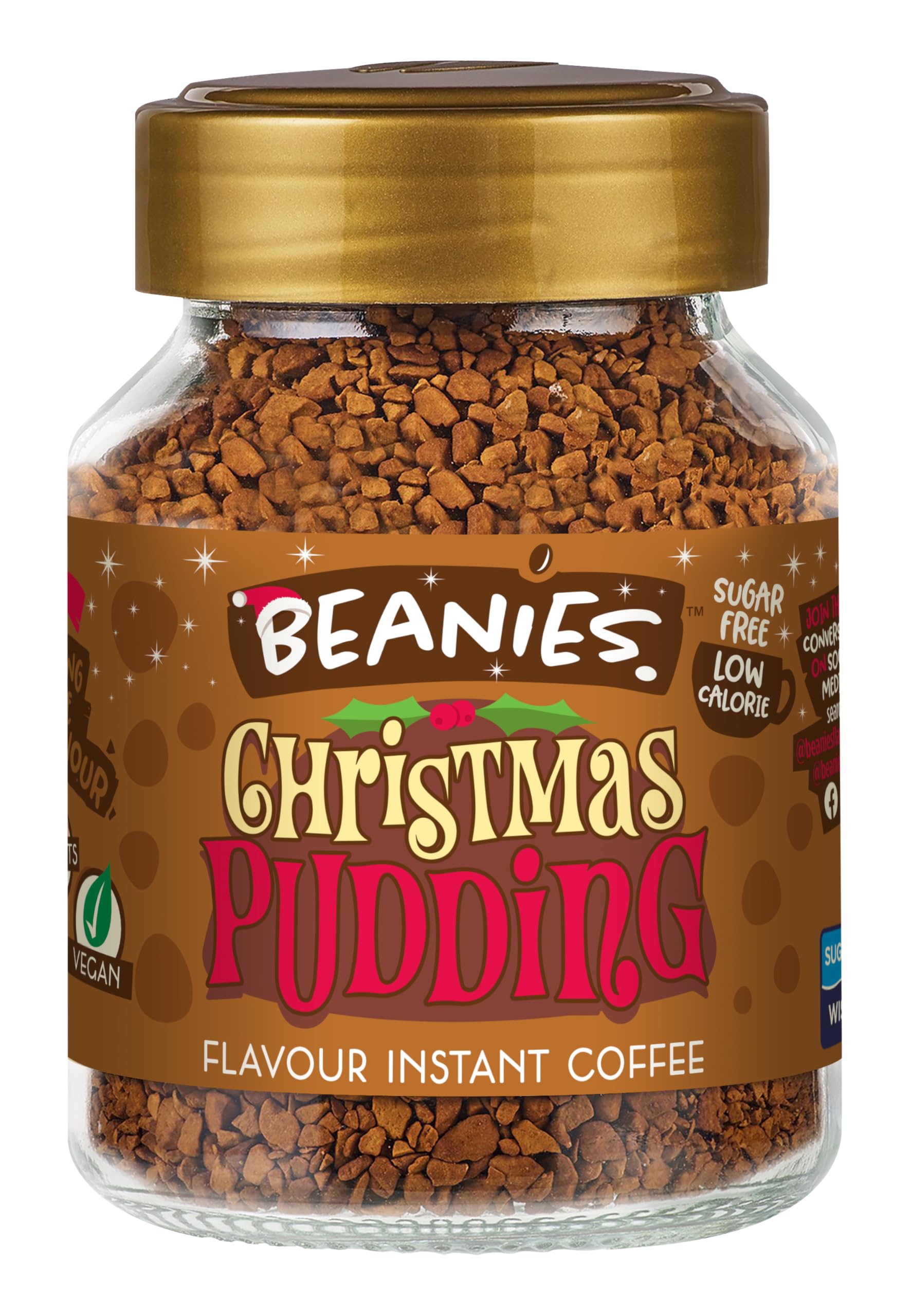 Beanies Flavour Christmas Pudding Instant Flavored Coffee - Bold & Adventurous Full-On Flavor, An Indulgent Sugar Free Taste Explosion - Low Calorie - Vegan & Gluten Free - 50g x 6Pack
